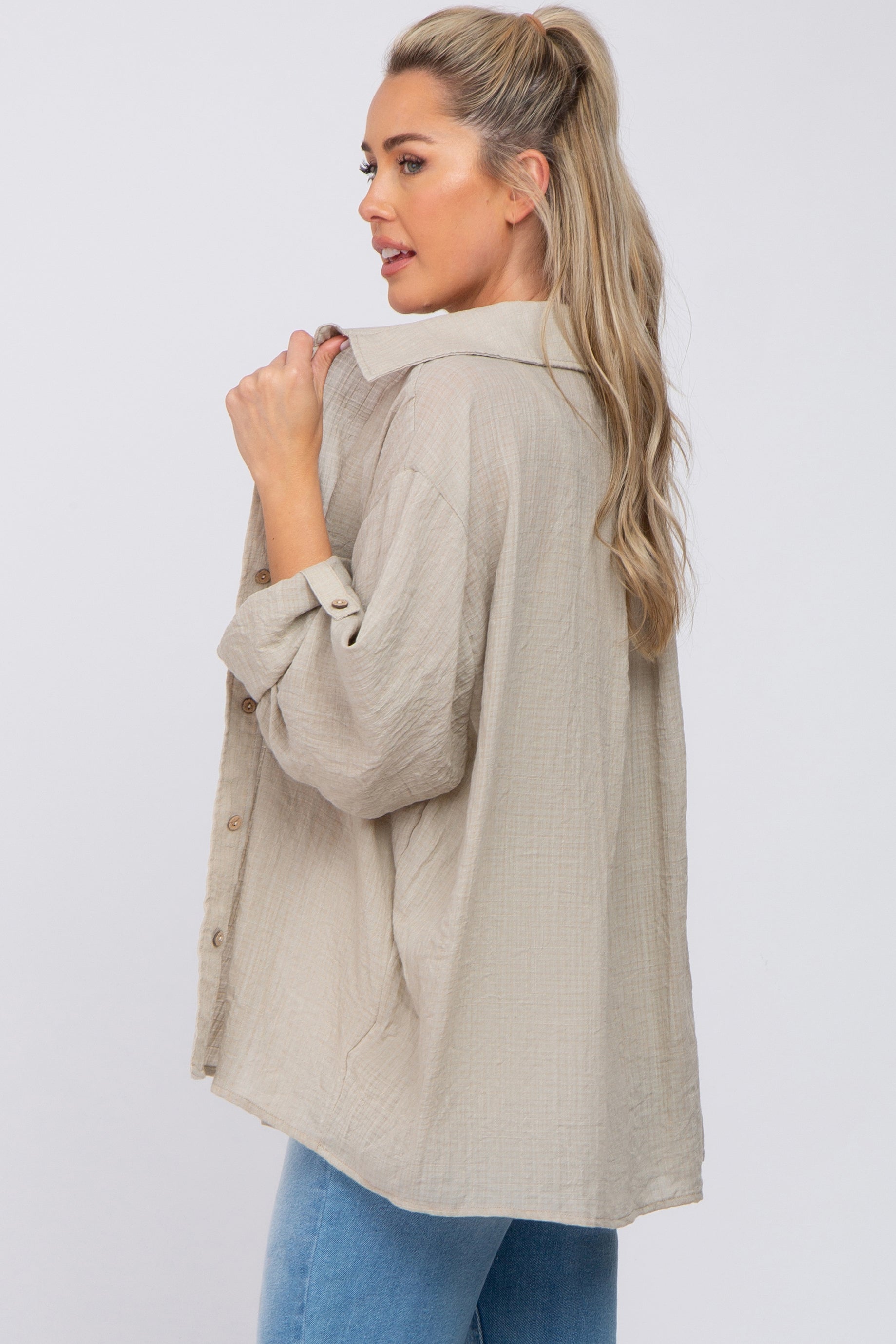 Beige Rolled Cuff Maternity Button Down Blouse - Comfortable Pregnancy Shirt for Work & Casual Wear | Nursing-Friendly Office & Everyday Top