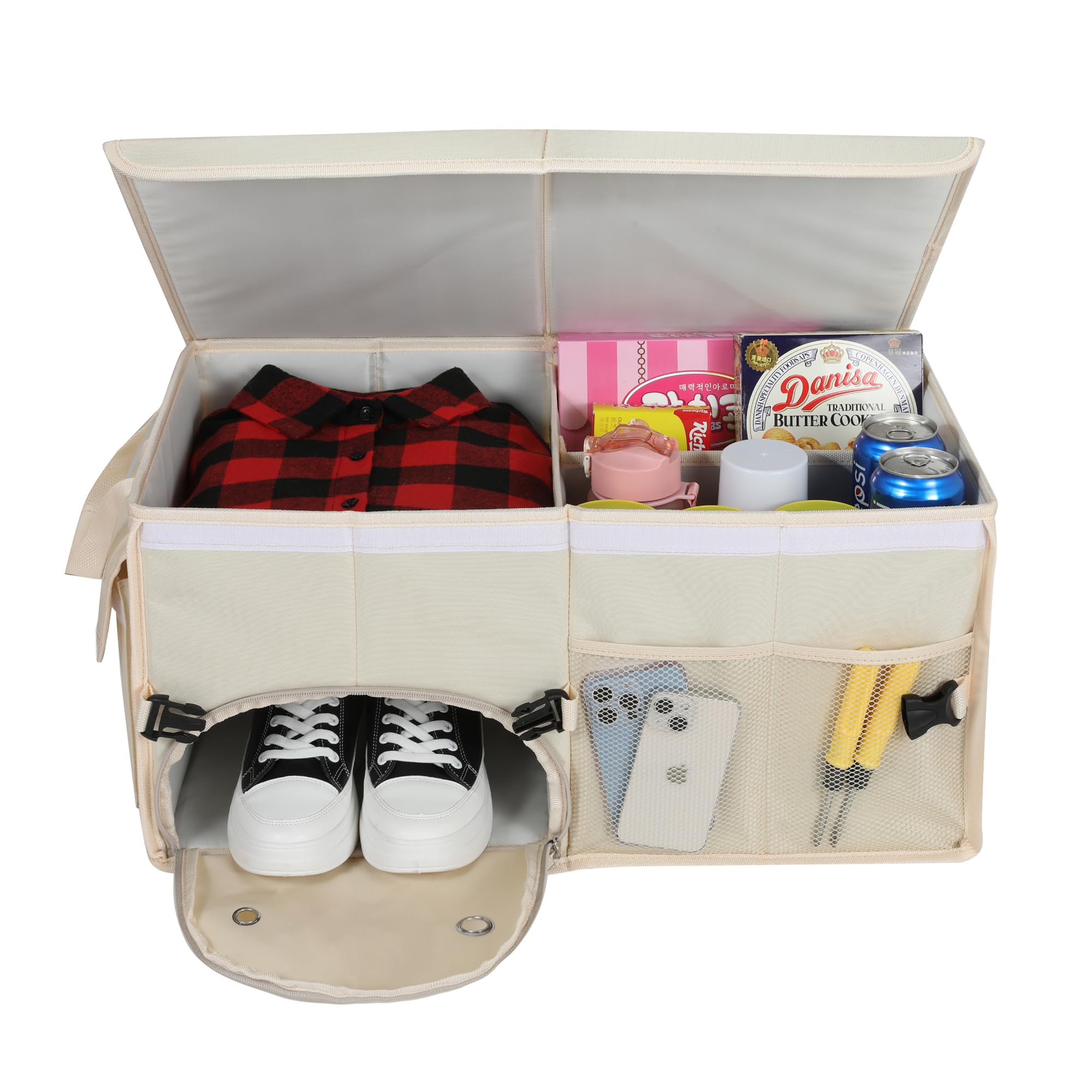 Collapsible Car Trunk Organizer with Lid & Shoe Bag - Multi-Compartment SUV Storage Organizer for Travel, Camping & Road Trips (Beige)