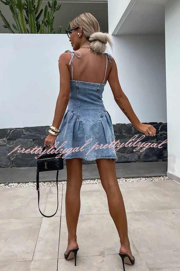 Sweet and Unique Washed Denim Stretch Mini Dress with Center Front Zipper - Perfect for Casual Outings, Date Nights & Summer Parties