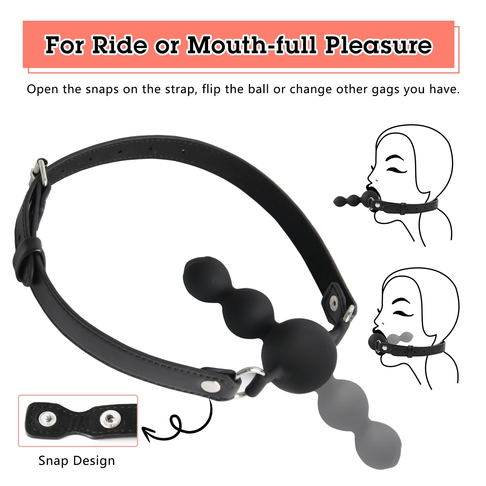 BDSM Ball Gag Sex Toy - Adjustable Leather Strap Silicone Mouth Gag with Beads for Bondage Play - Adult Kinky Toys for Couples, Men & Women - Perfect for Role Play, BDSM Scenes & Spicing Up Your Sex Life