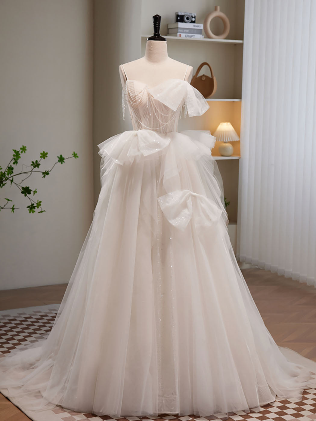 Elegant Light Champagne Tulle Beaded Long Prom Dress - Formal Evening Gown for Homecoming, Wedding, and Special Occasions