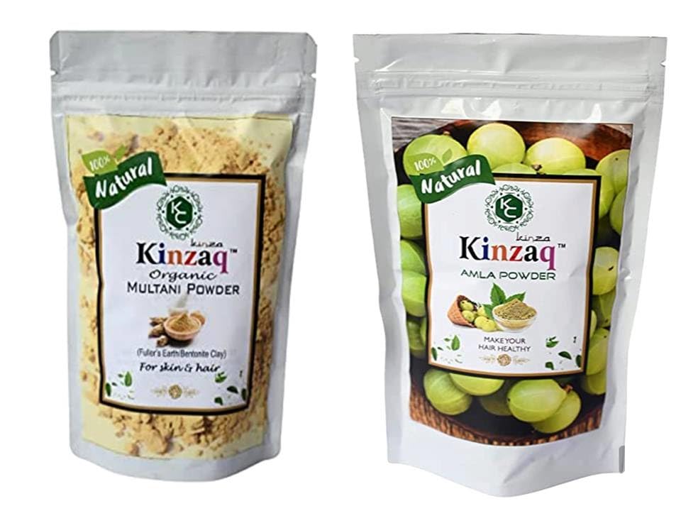 Kinzaq Herbal Amla Hair Powder & Multani Mitti Powder for Skin, Hair & Face Cleansing (Combo Pack 100g Each) - Natural Ayurvedic Beauty Treatment for Glowing Skin & Healthy Hair Growth