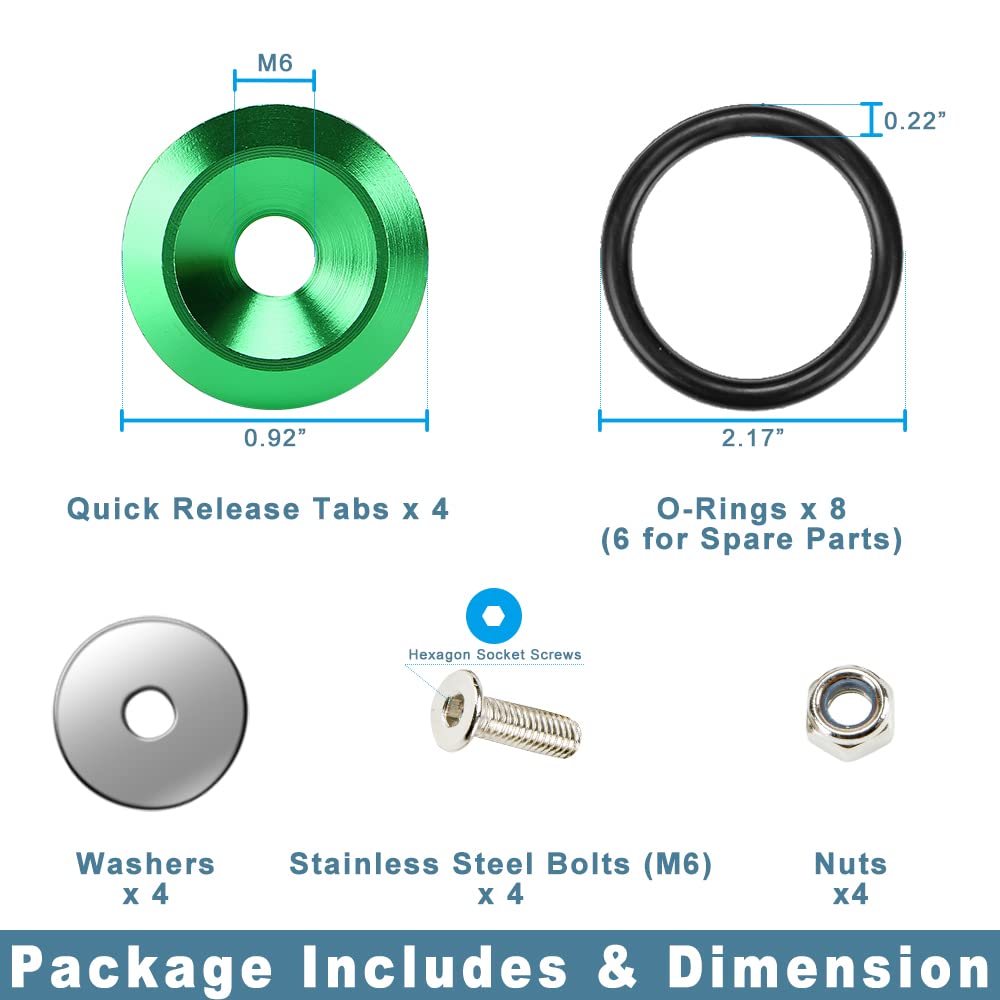 JDM Quick Release Bumper Fasteners Kit - 4 Piece Front & Rear Bumper Clips with 8 O-Rings (Green) | Universal Fit for Car Body Kits, Drift Racing & Custom Builds