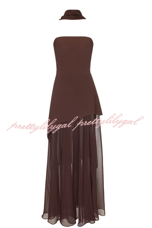 Elegant Monaco Off Shoulder Chiffon Maxi Dress with Slit Hem & Scarf - Perfect for Weddings, Parties & Summer Vacations