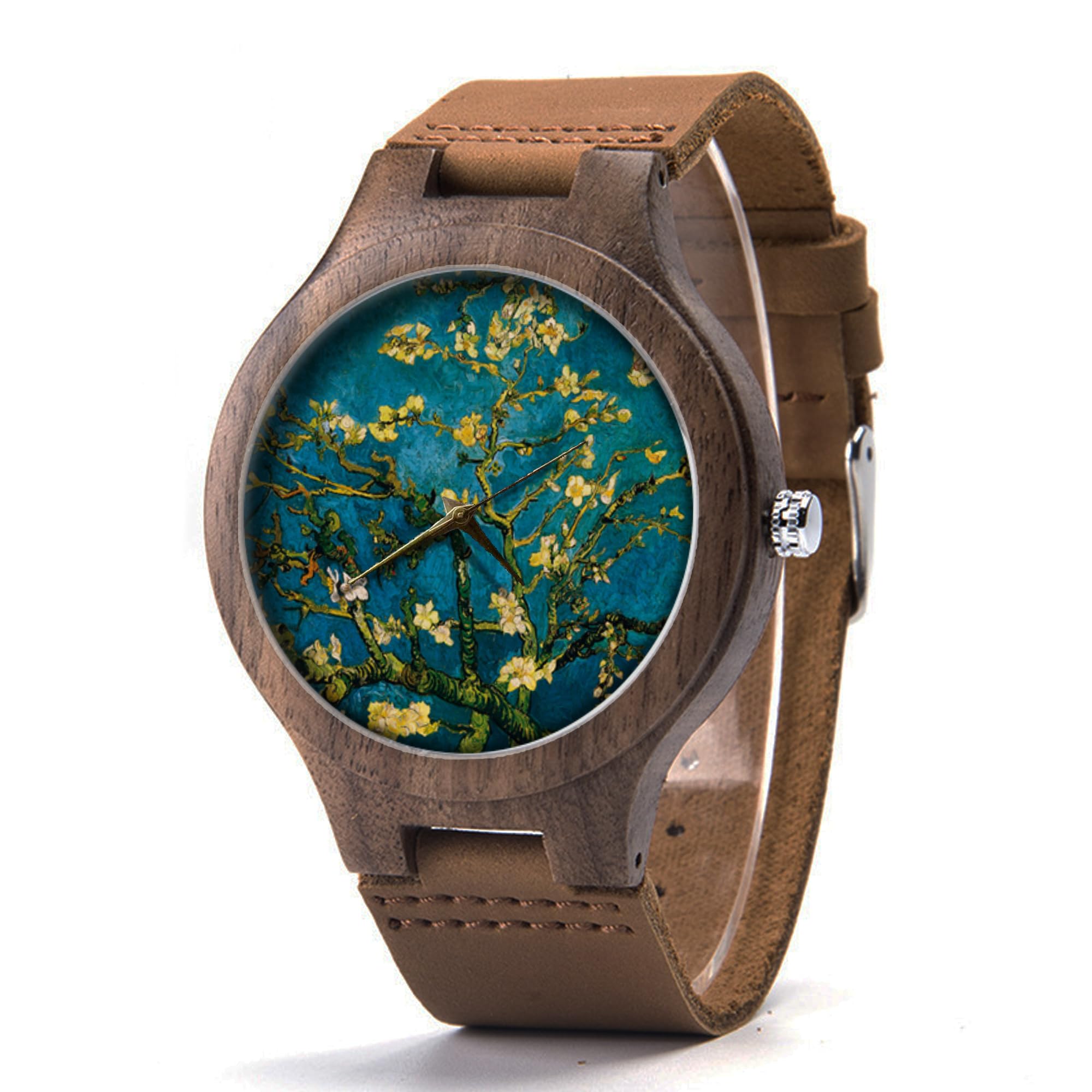 Van Gogh Wood Leather Watch - Almond Blossoms Art Unisex Timepiece for Men & Women - Perfect for Formal & Casual Wear