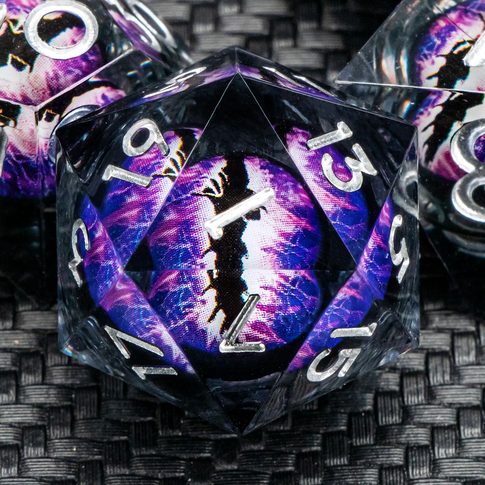KERWELLSI Sharp Edge Resin Dragon Eye DND Dice Set - 7-Piece Polyhedral RPG Dice for Dungeons & Dragons (D20, D12, D10, D8, D6, D4) with Purple Float Liquid Core & Gift Box - Perfect for Tabletop Gaming, D&D Campaigns, and Fantasy Roleplaying