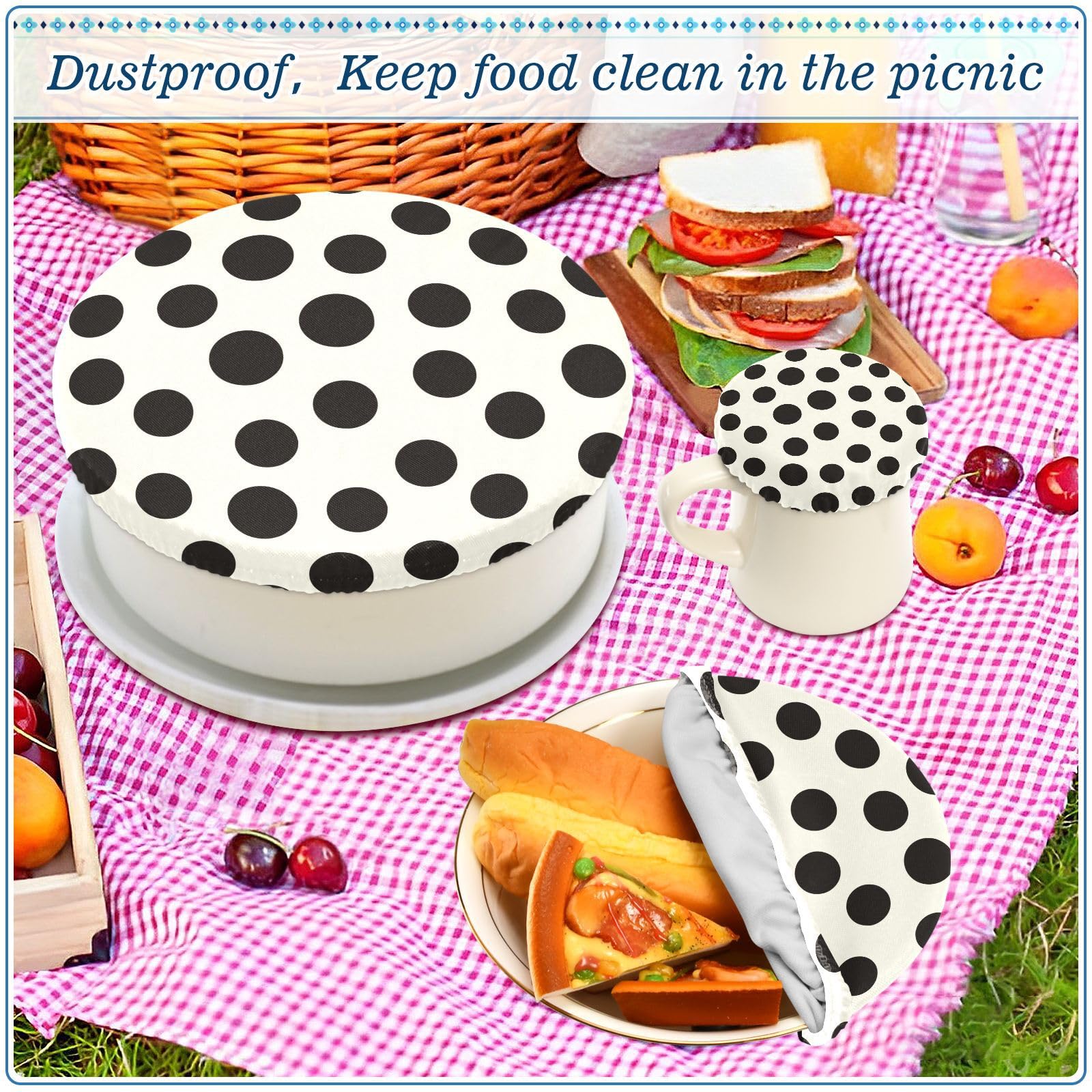 5-Pack Reusable Elastic Bowl Covers - Stretchable Fabric Food Storage Lids for Kitchen (5 Sizes, Black & White Dots) - Perfect for Fruits, Dough, Leftovers, Bread Proofing & Meal Prep