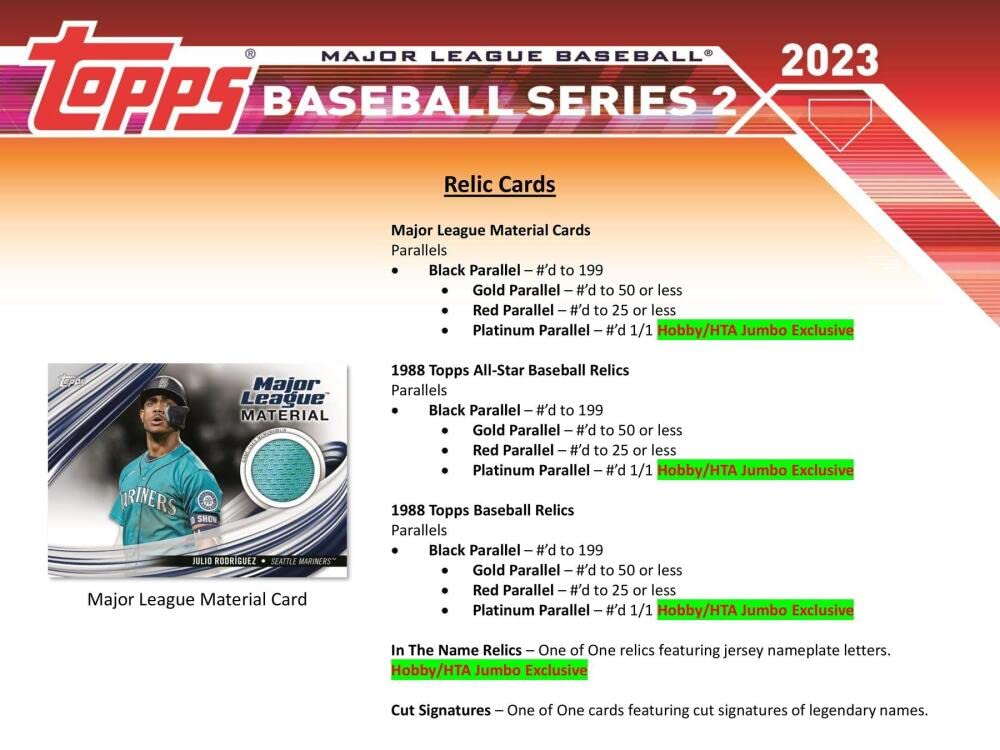 2023 Topps Series 2 Baseball Jumbo Box - 10 Packs/46 Cards with 1 Autograph, 2 Relics & 2 Silver Packs | MLB Trading Cards Collection for Collectors & Fans | Perfect for Sports Memorabilia Displays & Fantasy Baseball Enthusiasts