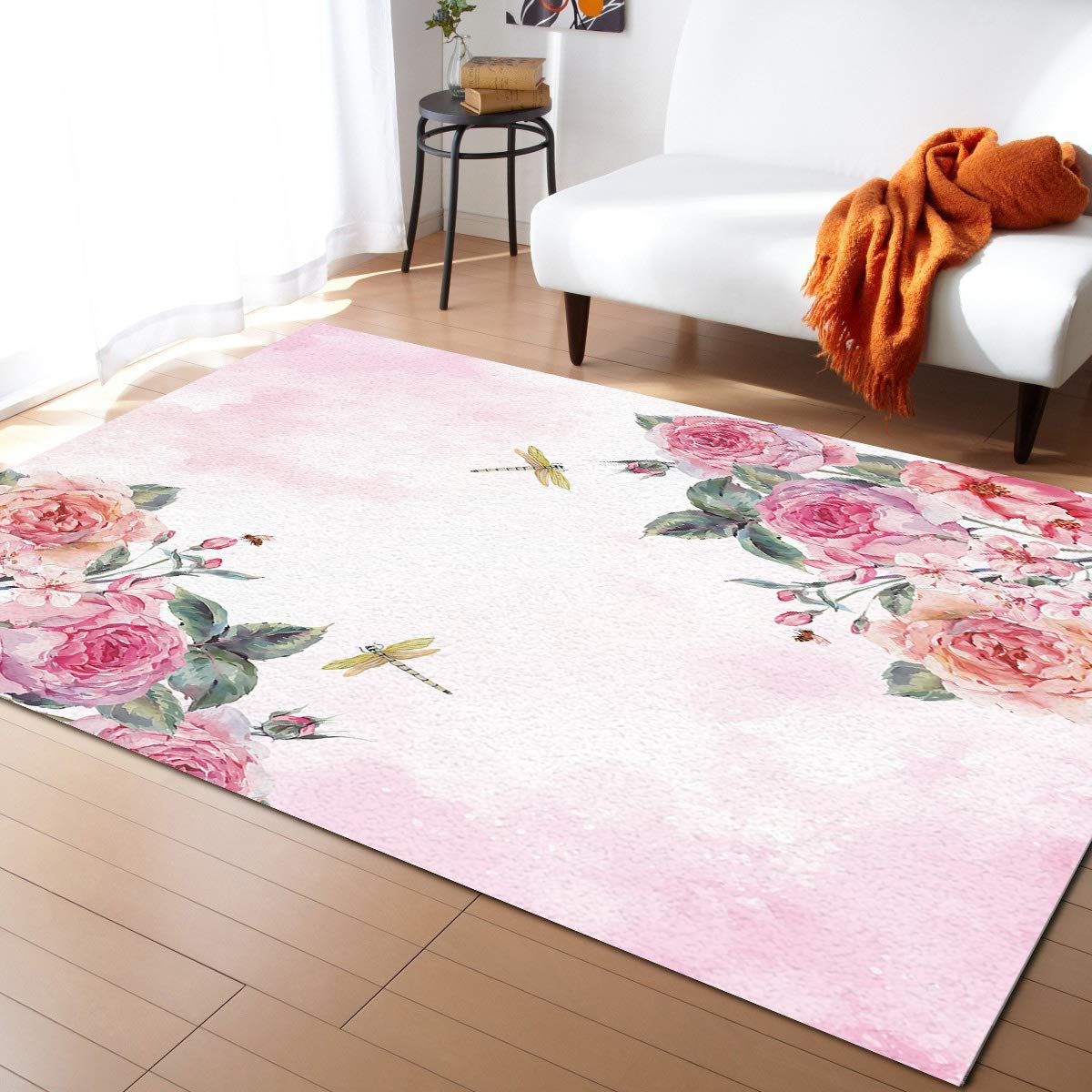 LBDecor 5x8ft Large Non-Slip Area Rug - Spring Rose Dragonfly Design for Living Room, Bedroom, Hallway | Indoor/Outdoor Floral Nursery Decor | Perfect for Home, Office & Patio Use