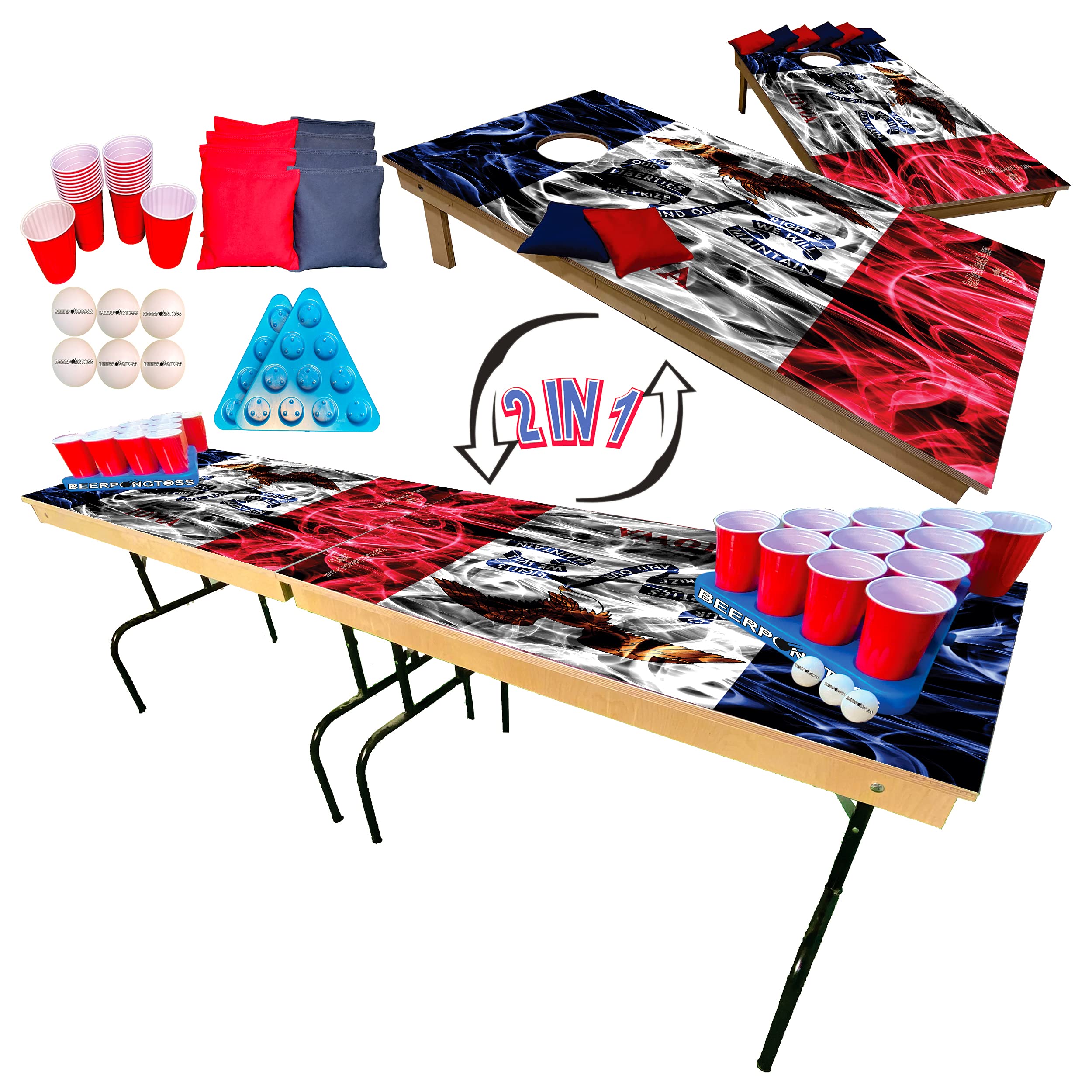 2-in-1 Cornhole & Tailgate Pong Table Set with Iowa State Flag Design - 8Ft Portable Game Table for Backyard, College Parties & Tailgating - Includes 2 Cornhole Boards (4x2Ft), 8 Bags, 22 Cups, 6 Balls & 2 Racks - Perfect for Outdoor BBQs, Game Nights & Sports Events