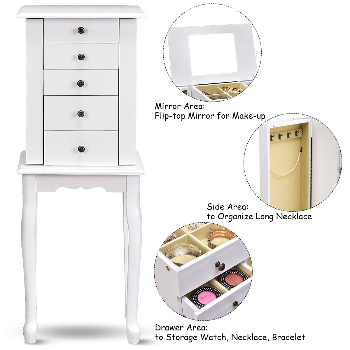 GOFLAME Wooden Jewelry Cabinet Armoire with Full-Length Mirror - 5 Drawers & 2 Doors Jewelry Storage Organizer, Large Standing Jewelry Box for Necklaces, Rings & Accessories - Perfect for Bedroom, Closet or Dressing Room (White)