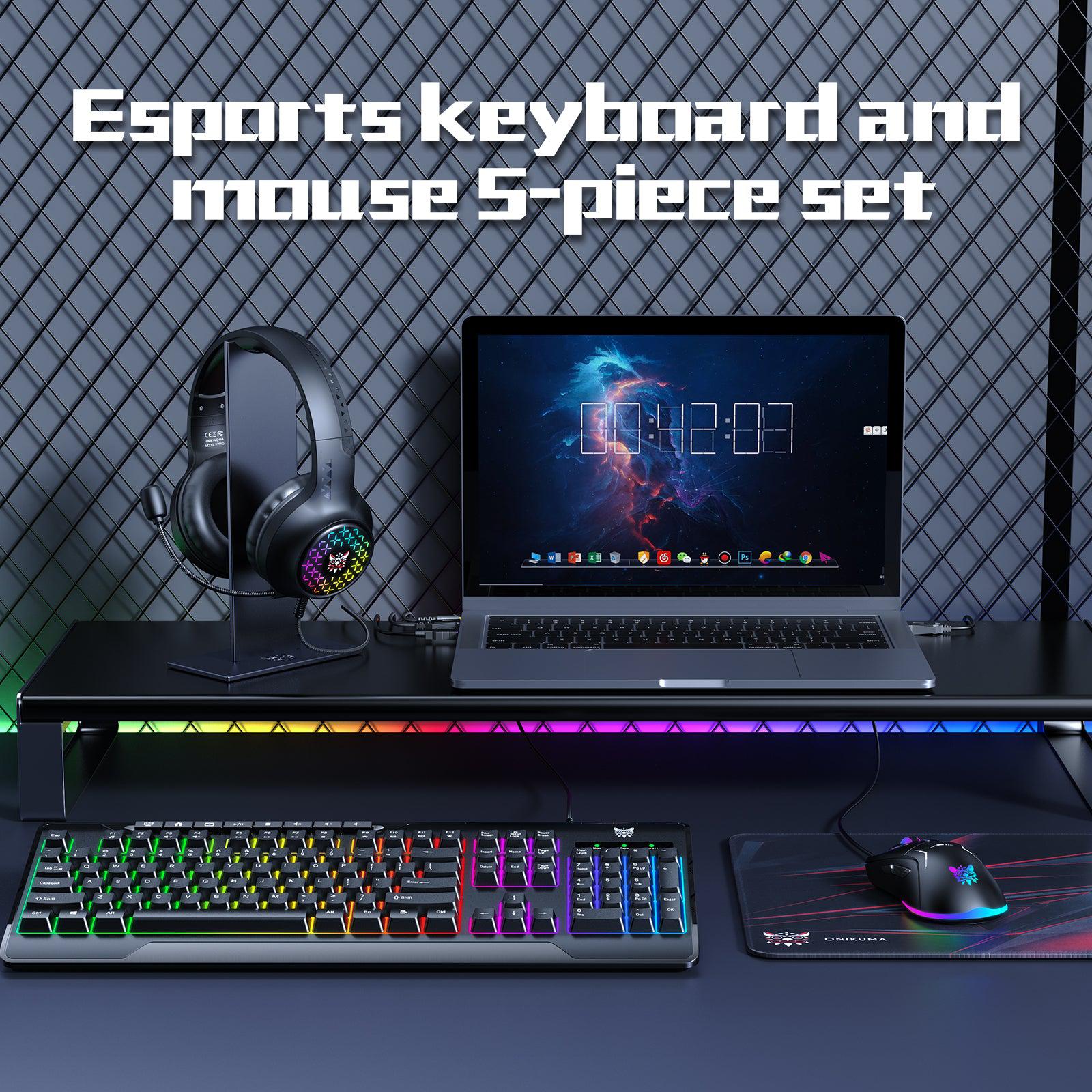 ONIKUMA TZ5006 5-in-1 Gaming Combo Set - RGB Gaming Mouse, Mechanical Keyboard, Noise-Cancelling Headset with Stand & Large Mousepad | Perfect for PC & Console Gaming Setup
