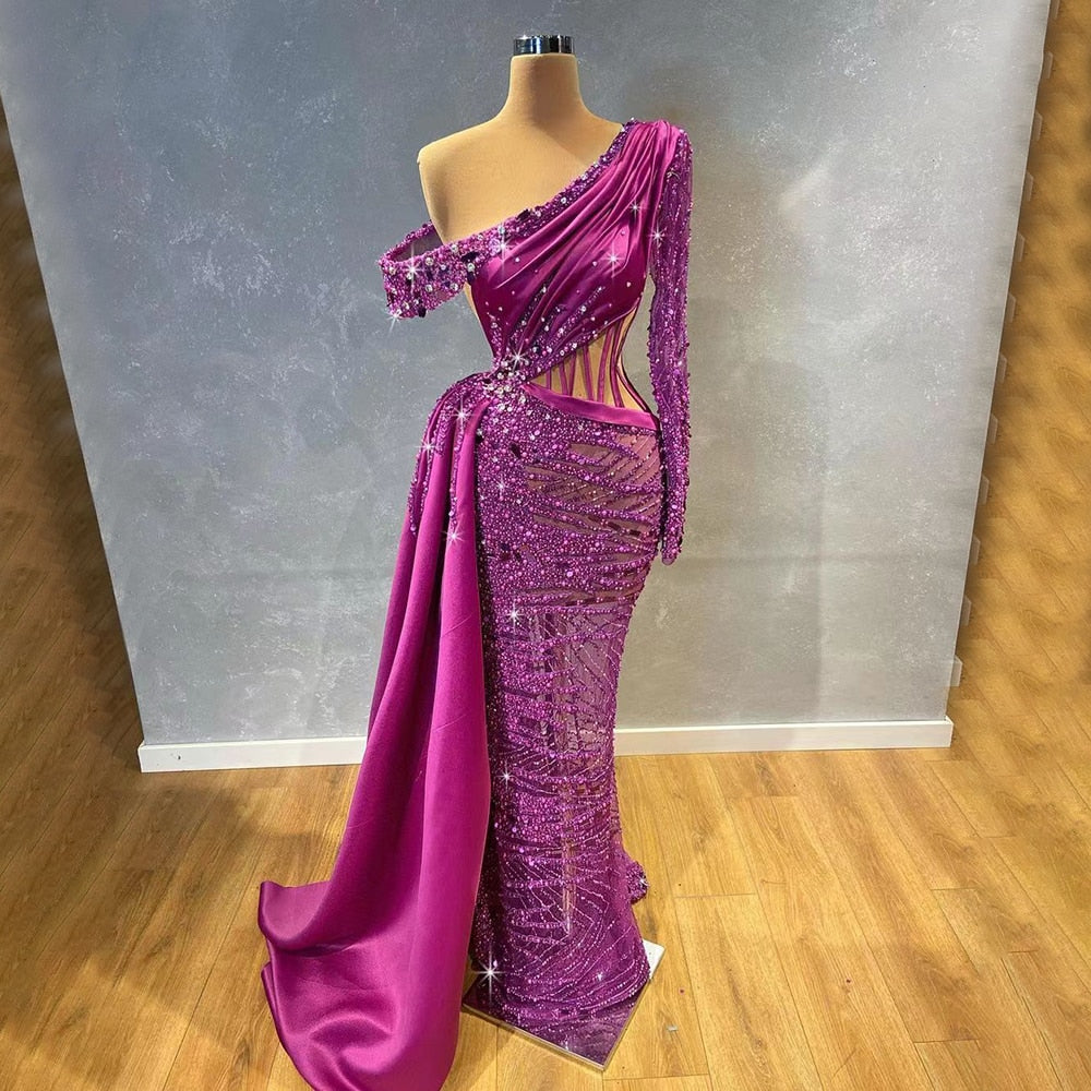 Elegant Purple Cut-Out Mermaid Evening Gown with One Shoulder & Long Sleeves - Beaded Prom Dress for Women | Perfect for Parties, Galas & Formal Events 2025