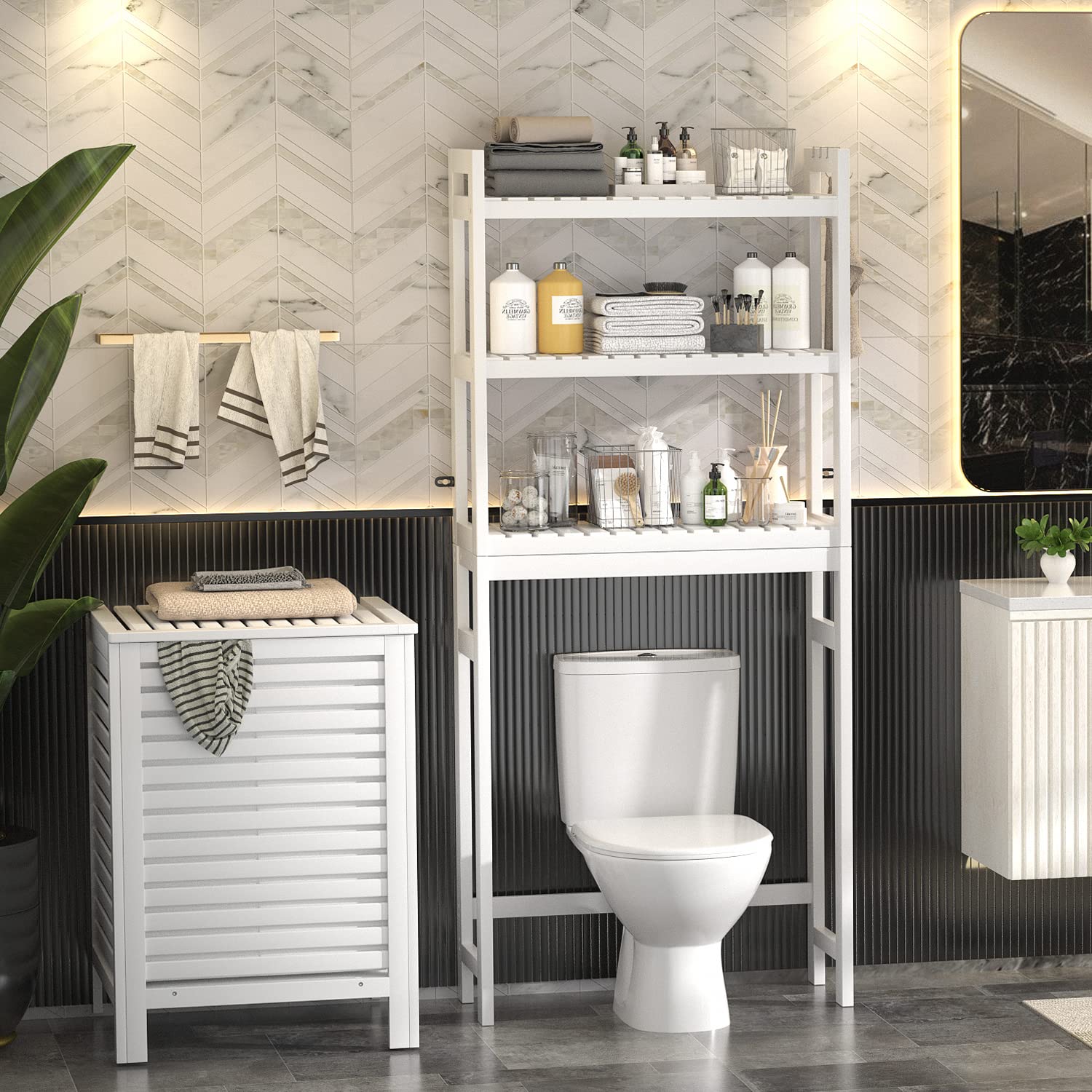 Homykic White Bamboo Over The Toilet Storage Shelf with 5-Tier Bathroom Organizer - Space Saving Bathroom Storage Solution for Small Spaces, Toilet Paper Holder & Towel Rack