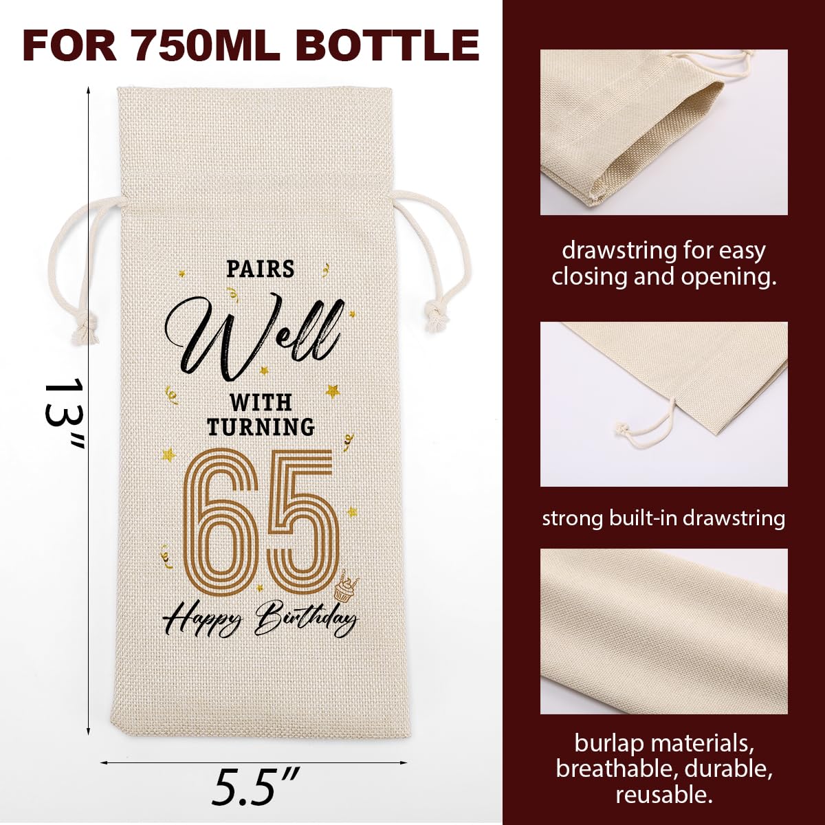 65th Birthday Gifts for Women & Men - Elegant 65 Year Old Birthday Present Ideas with Wine Gift Bag - Perfect for Grandparents Anniversary & Turning 65 Celebrations - Great for Retirement Parties, Milestone Birthdays & Special Occasions
