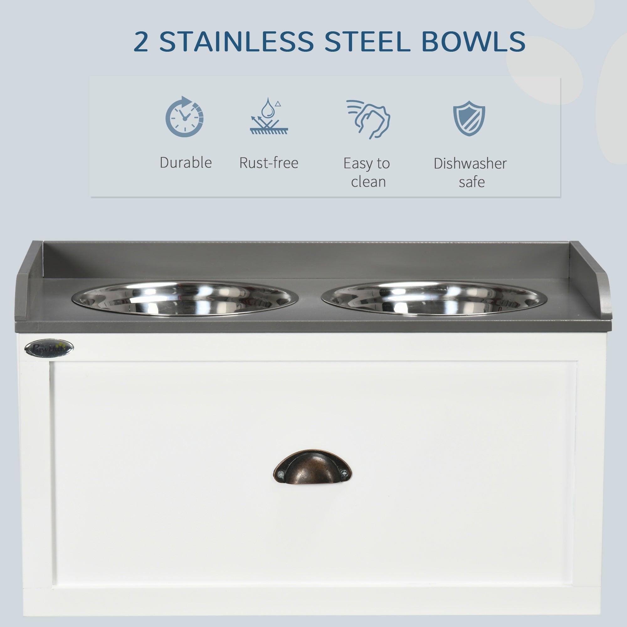 Premium Elevated Dog Feeding Station with Storage Drawer - 2 Removable Stainless Steel Bowls for Large Dogs - White Pet Food Storage Cabinet - Perfect for Kitchen, Laundry Room or Mudroom Organization