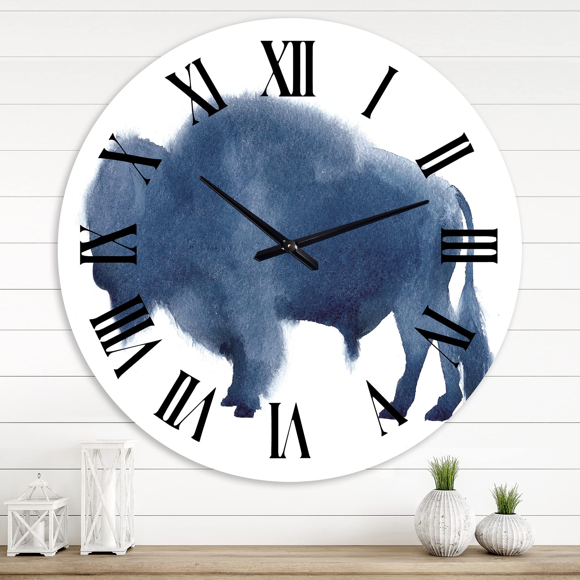 Farmhouse Wall Clock with Navy Blue Bison Silhouette - Large Rustic Animal Wall Decor for Living Room, Kitchen, Bedroom & Office - Perfect for Home, Cabin and Country Style Interior Design