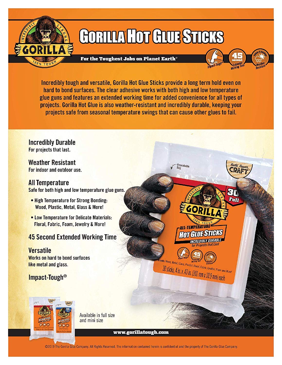 Gorilla Hot Glue Sticks - 20 Count, 8 Inch Full Size Clear Adhesive for DIY Crafts, Woodworking, Home Repairs & School Projects (3 Pack)