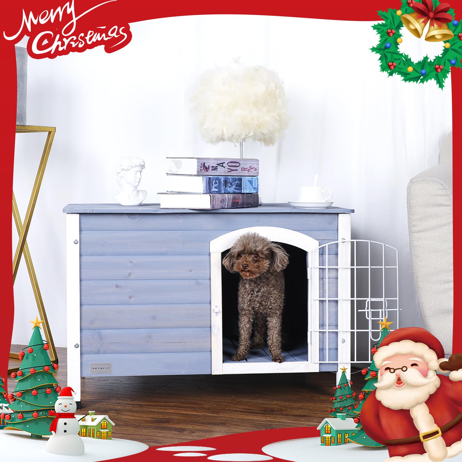 Petsfit Small Indoor Wooden Dog House with Elevated Floor & Anti-Slip Bottom - 31.5''L×21.5''W×21''H - Cozy Shelter for Small Dogs in Apartments, Living Rooms & Backyards