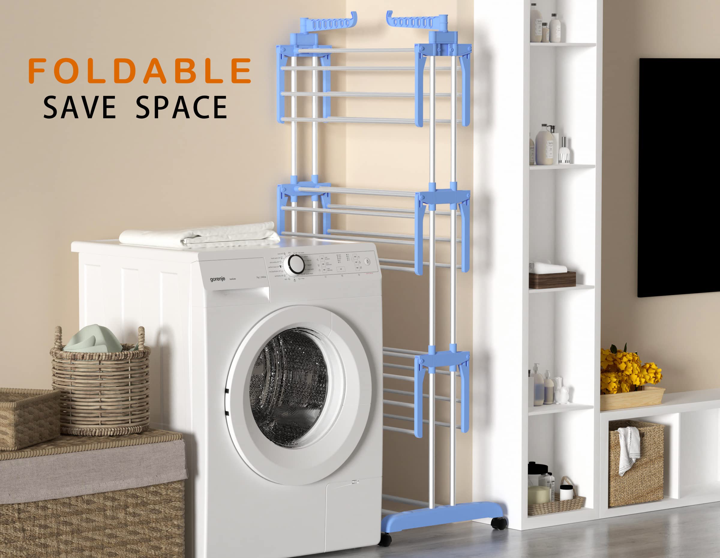 HOMIDEC 4-Tier Foldable Clothes Drying Rack - Large Stainless Steel Laundry Rack with Wheels (67.7