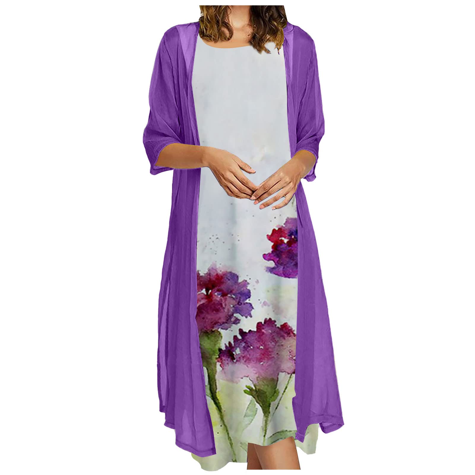 Elegant Plus Size Women's Crewneck Linen Chiffon Maxi Dress with Cardigan - Wedding Guest Outfit, Irregular Hem Two Piece Set for Special Occasions & Formal Events