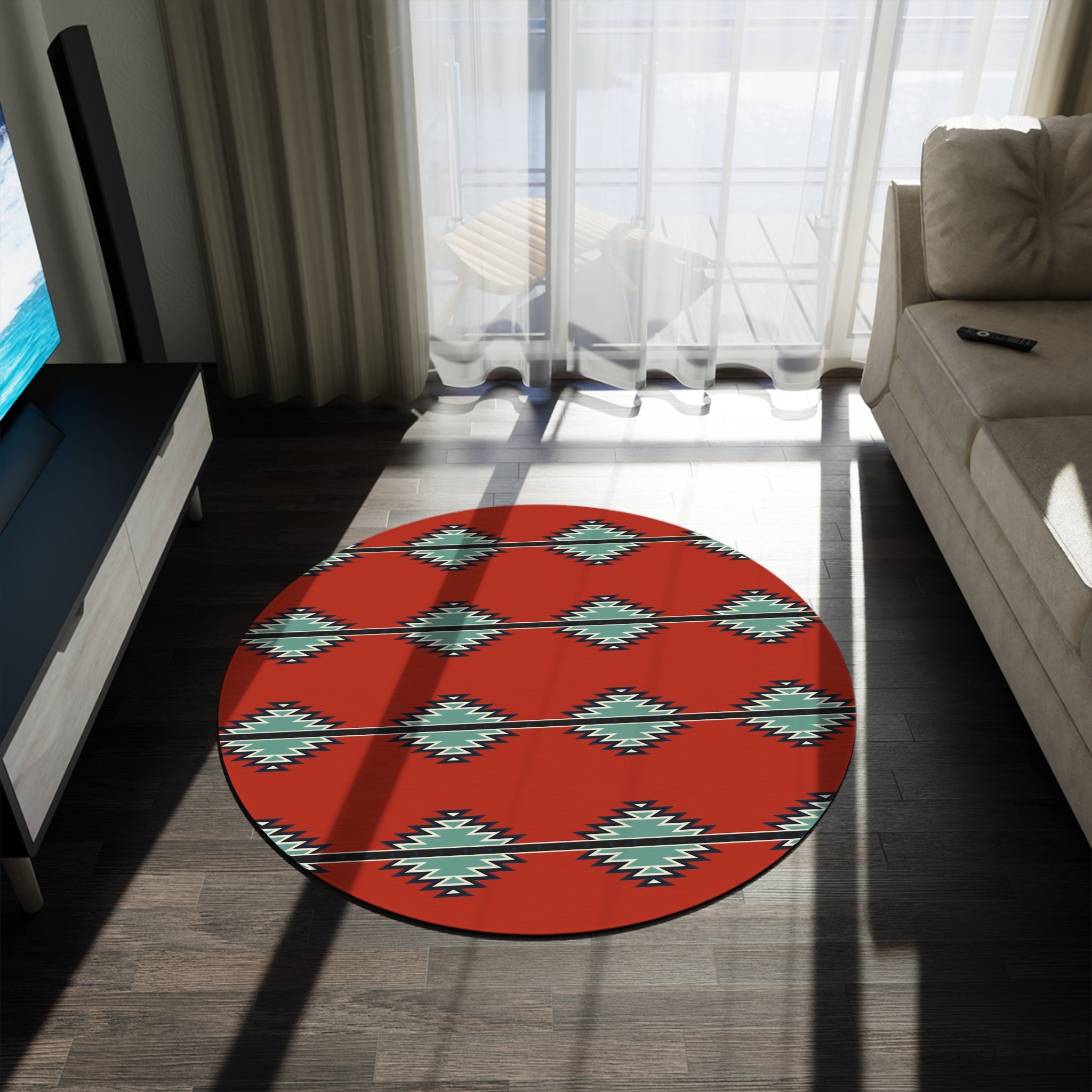 Southwestern Round Rug with Reds River Print - Soft Polyester Chenille - Perfect for Living Room, Bedroom, or Entryway Decor