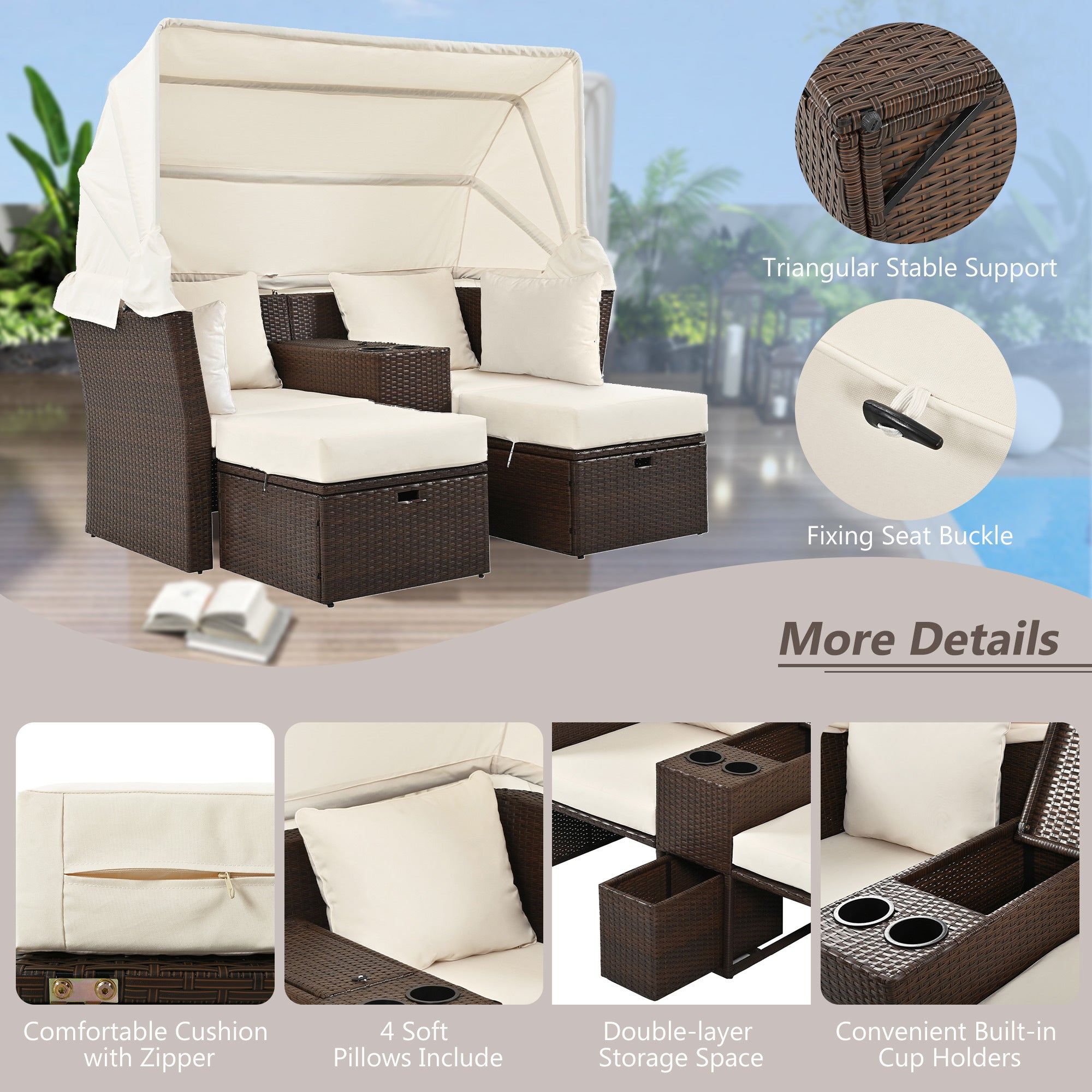 2 Seater Outdoor Patio Daybed with Foldable Awning & Cushions - Double Loveseat Sofa Set for Garden, Balcony, Poolside - Perfect for Relaxing, Sunbathing & Outdoor Lounging (Beige)
