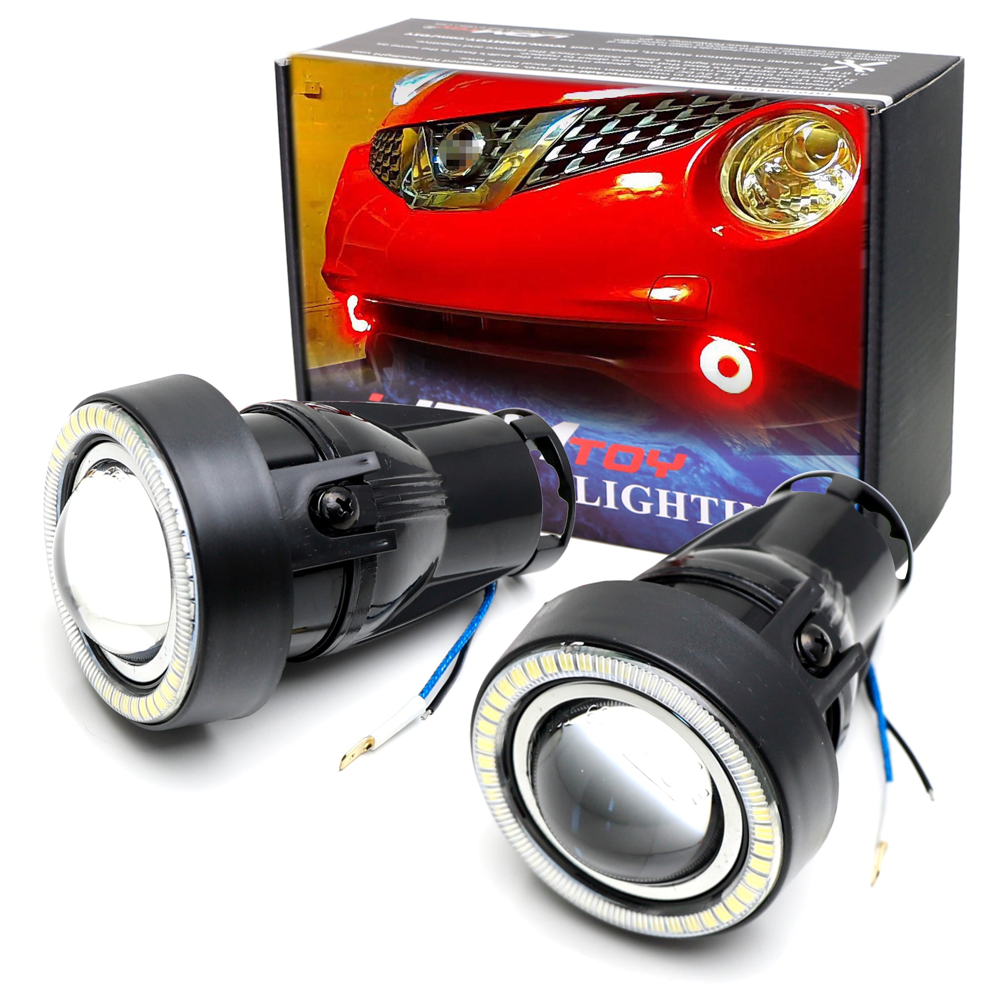 3-Piece Projector Fog Light Kit with Black Shroud - 40 SMD Red LED Halo Ring & Angle Eye Rings for Cars, Trucks, SUVs - Upgrade Your Vehicle's Style & Night Visibility