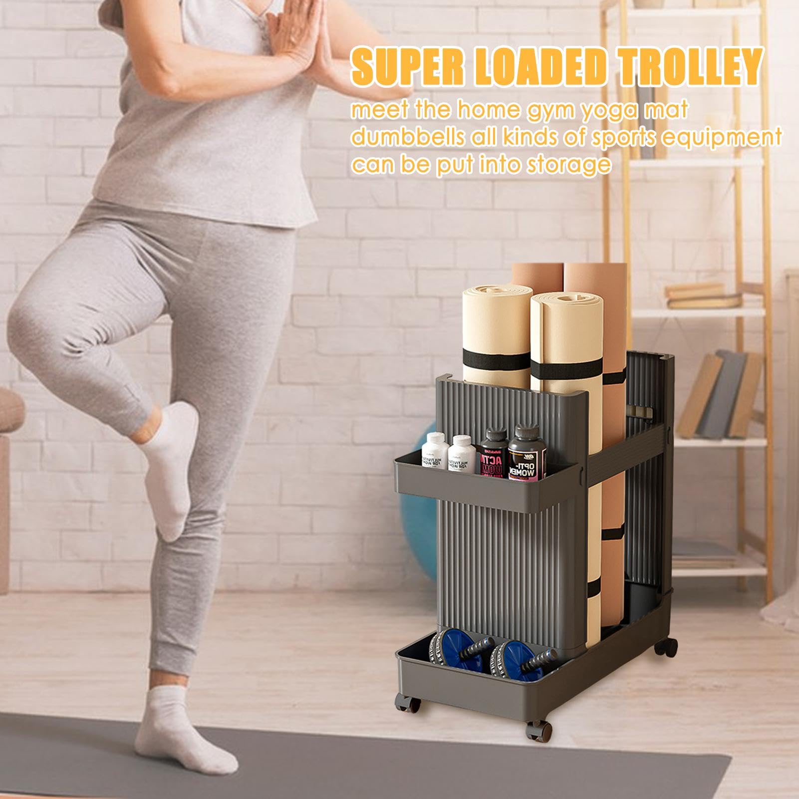 Premium Yoga Mat Storage Basket & Gym Equipment Holder with Wheels - Space-Saving Workout Gear Organizer for Kettlebells, Dumbbells, Foam Rollers & Yoga Blocks - Perfect for Home Gyms & Fitness Studios (Black)