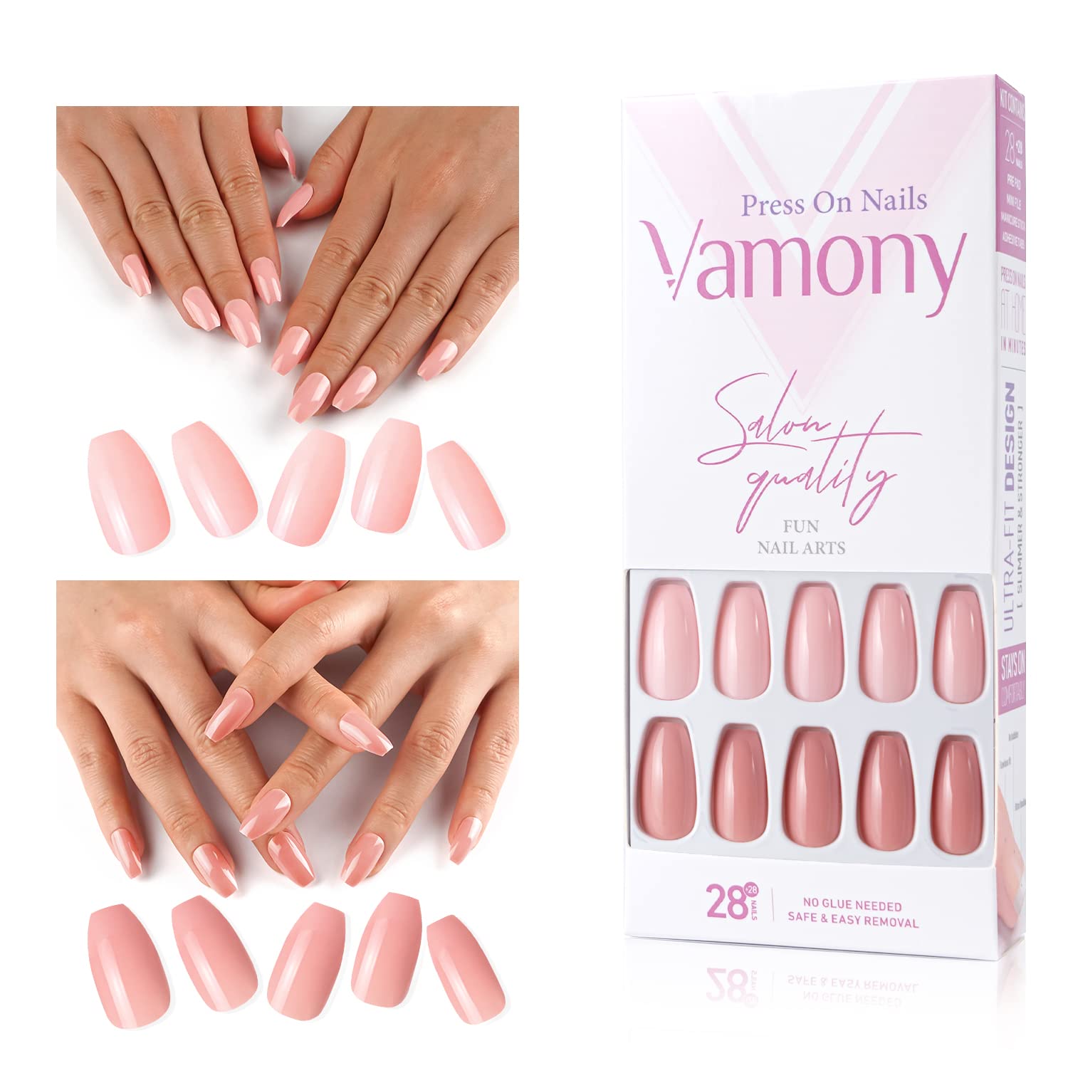 Short Coffin Press On Nails Kit - 56Pcs Fake Nails with Solid Colors (2 Sets), Acrylic Stick On Nails for Women, Nude Salmon Manicure Set - Perfect for Parties, Weddings & Everyday Wear