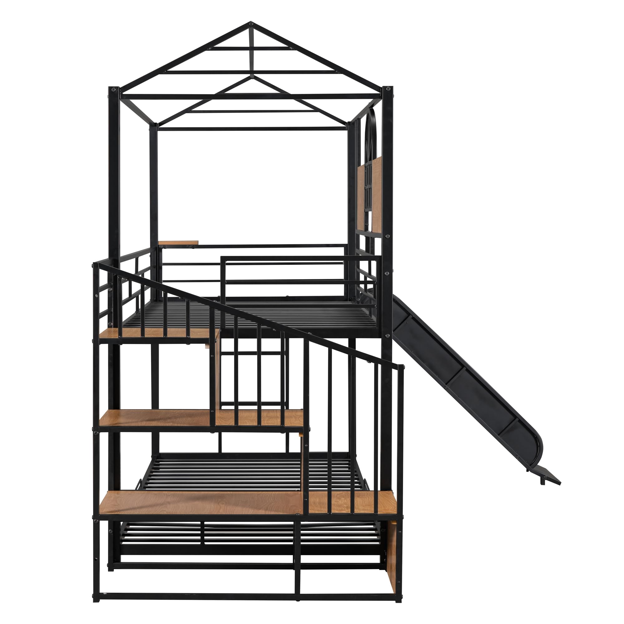 **Kids Metal Bunk Bed with Slide & Storage Stairs - Twin Over Twin House Bed with Full-Length Guardrails & Ladder - No Box Spring Needed (Black) - Perfect for Kids' Bedrooms, Playrooms & Sleepovers**