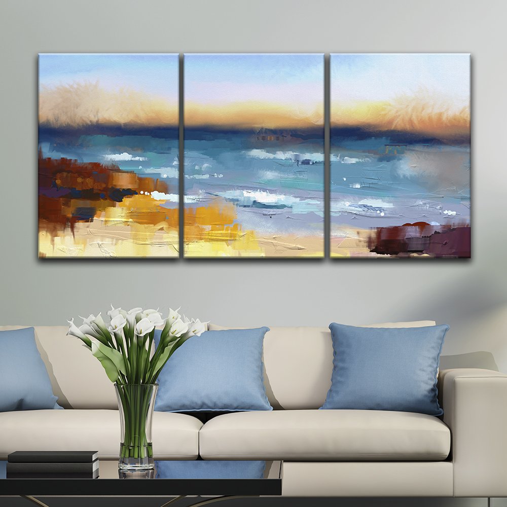Wall26 - 3 Panel Canvas Wall Art Abstract Seascape Oil Painting - Modern Colorful Giclee Print Gallery Wrap Ready to Hang - 24