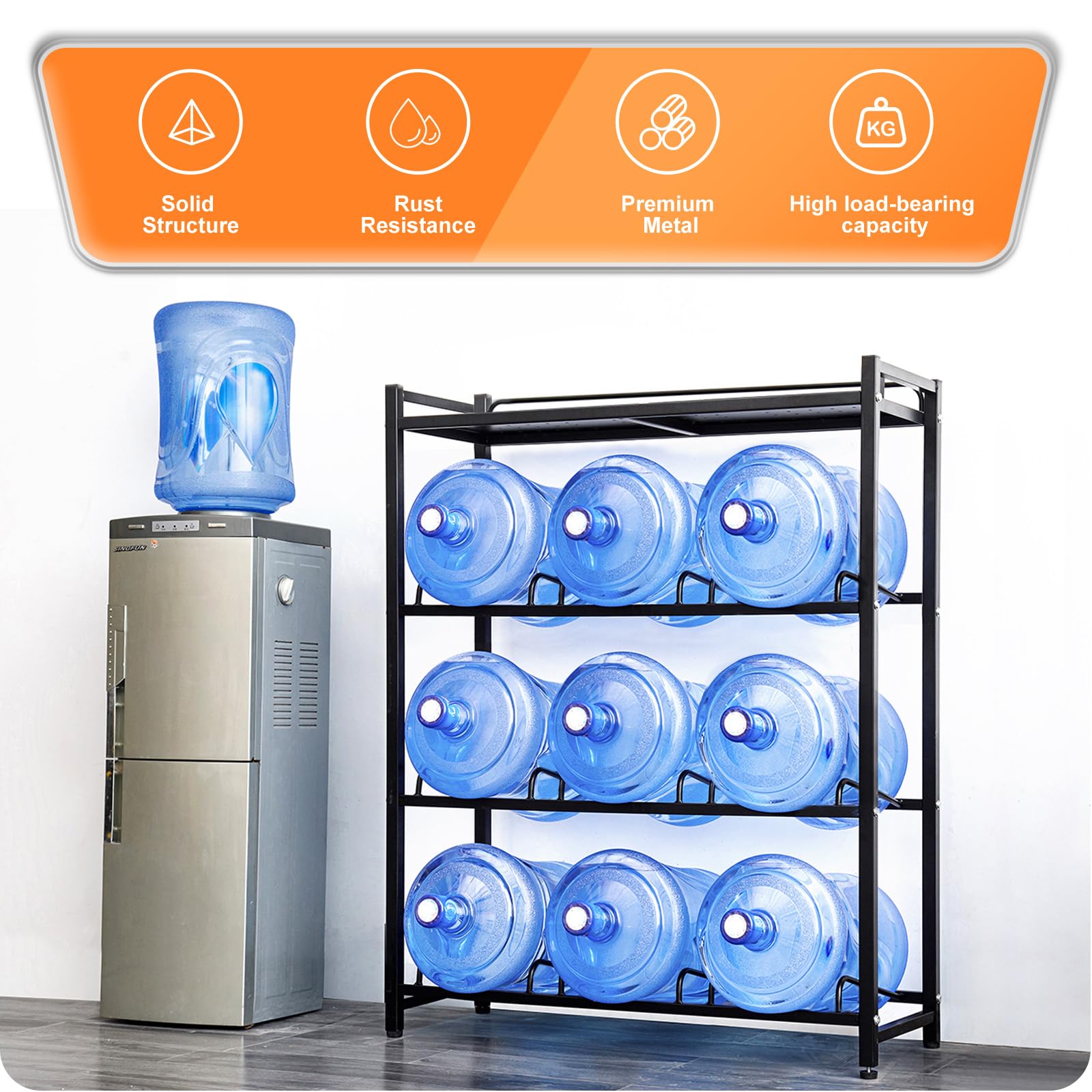 5 Gallon Water Bottle Jug Holder - 4 Tier Heavy Duty Cooler Storage Rack with Top Shelf Organizer | Space Saving Solution for Home, Office & Breakroom | Perfect for Water Dispensers, Pantry Organization & Commercial Use (Black)