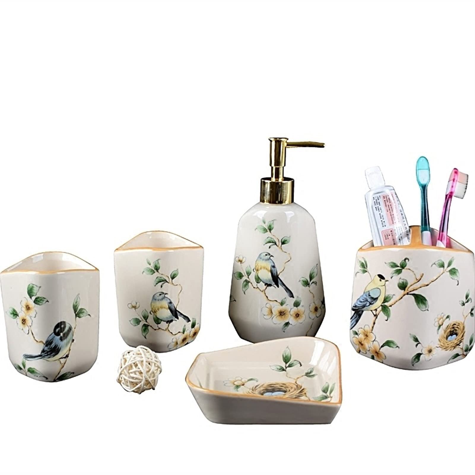 OUMIFA 5-Piece Ceramic Soap Dispenser Set with Small Bird Flower Pattern - Elegant Kitchen & Bathroom Accessories for Home, Hotel, and Countertop Use - Perfect for Hand Soap, Lotion, or Dish Soap Dispensing