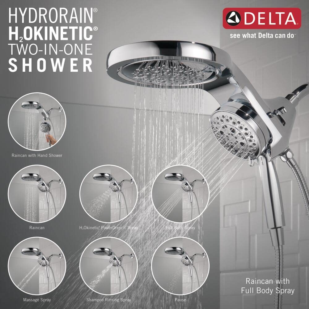 Delta Faucet HydroRain 5-Spray H2Okinetic Dual Shower Head with Handheld Spray - Chrome Shower Head with Hose, 1.75 GPM Flow Rate, Lumicoat Chrome Finish (Model 58680-PR) - Perfect for Bathroom Renovation, Spa-Like Shower Experience & Water Conservation