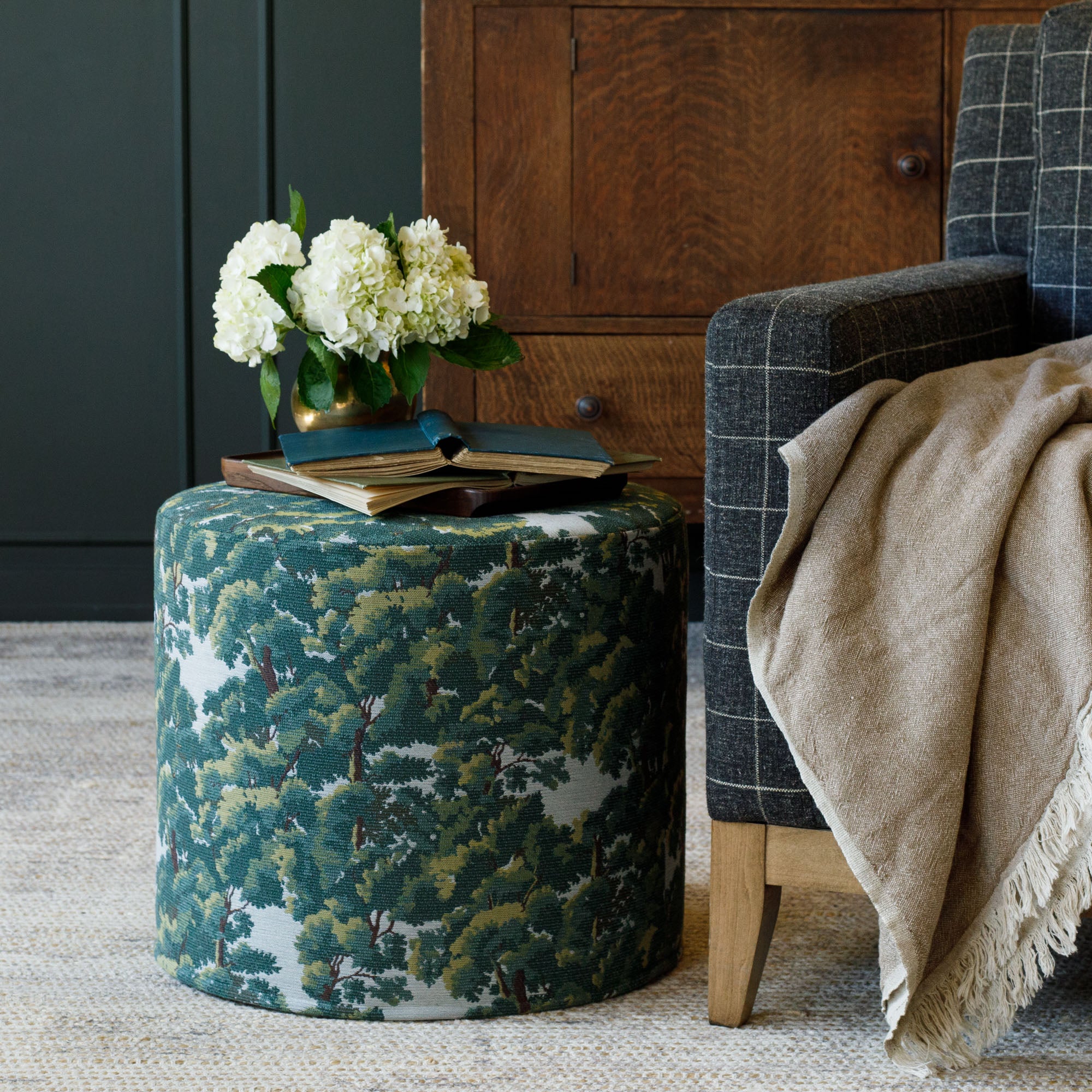 Elora 18x16 Inch Round Storage Ottoman with Tufted Top - Forest Green Velvet Footrest Pouf for Living Room, Bedroom & Nursery