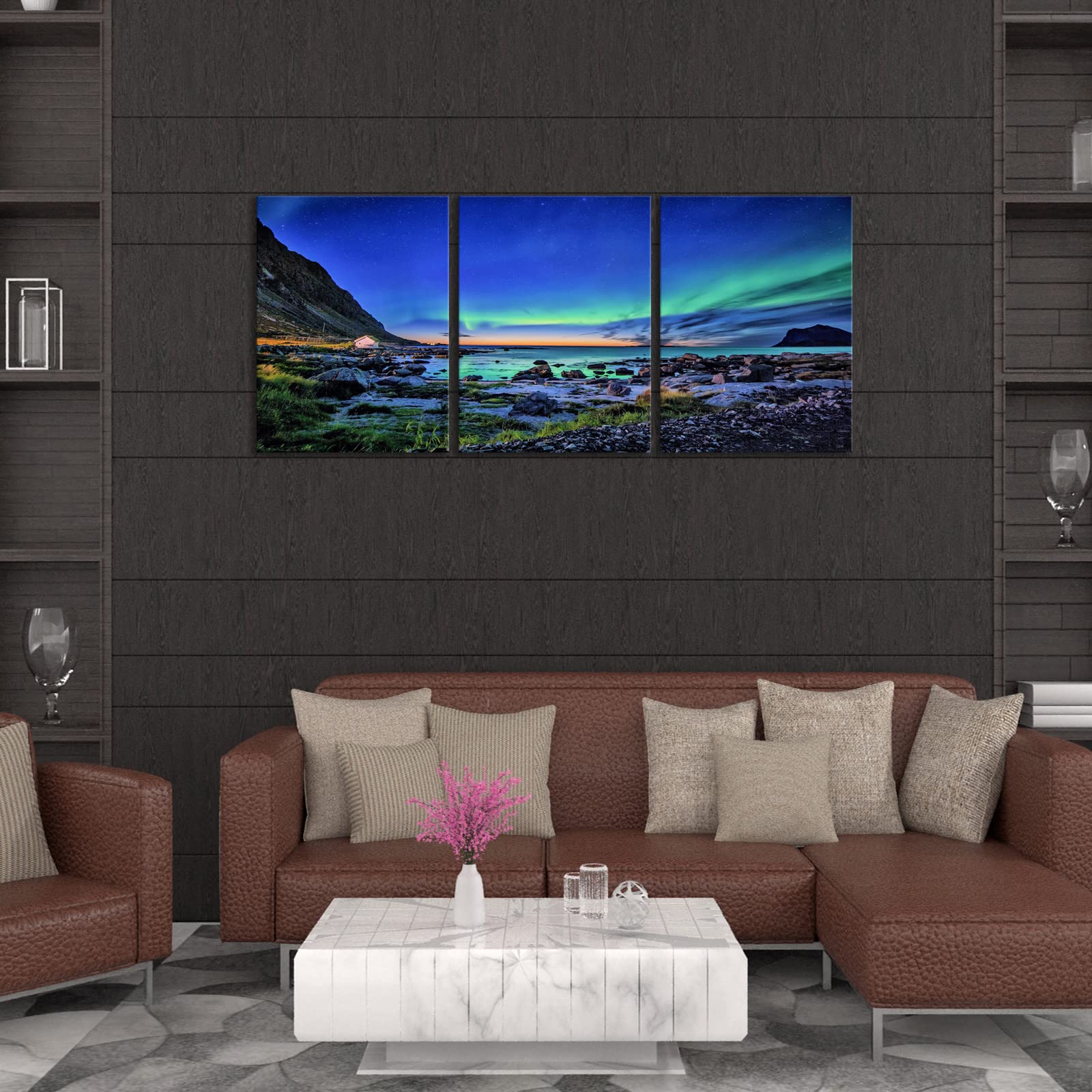 KAWAHONE Northern Lights Canvas Wall Art - Aurora Reef Mountain Landscape Framed Poster (12