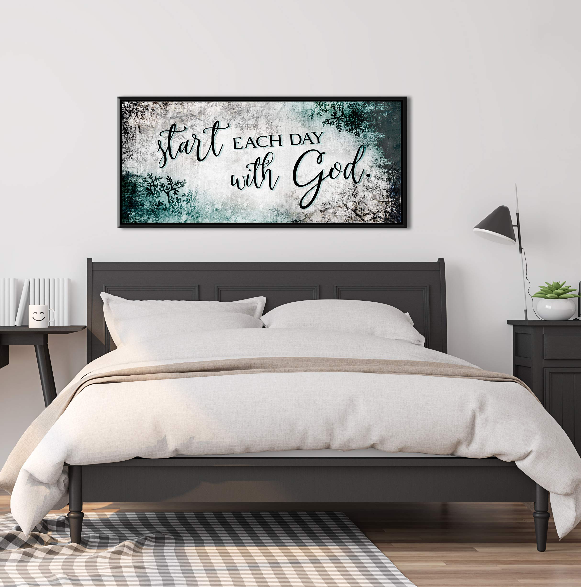 Inspirational Wall Decor - Start Each Day With God | Religious & Spiritual Bedroom Decor | Positive Quotes Wall Art with Teal & Black Floating Frame (42x19) | Perfect for Home, Office & Prayer Room Décor