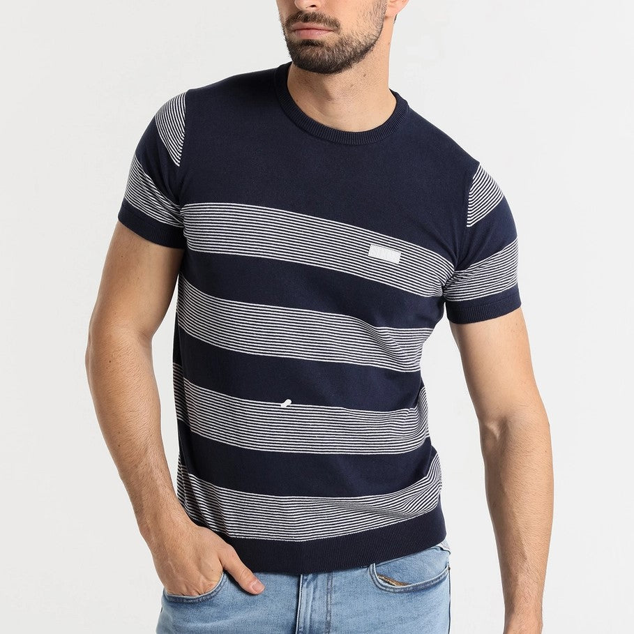 Six Valves Knit Striped Cotton T-Shirt for Men - Navy Blue Casual Tee - Perfect for Everyday Wear, Outings & Relaxation