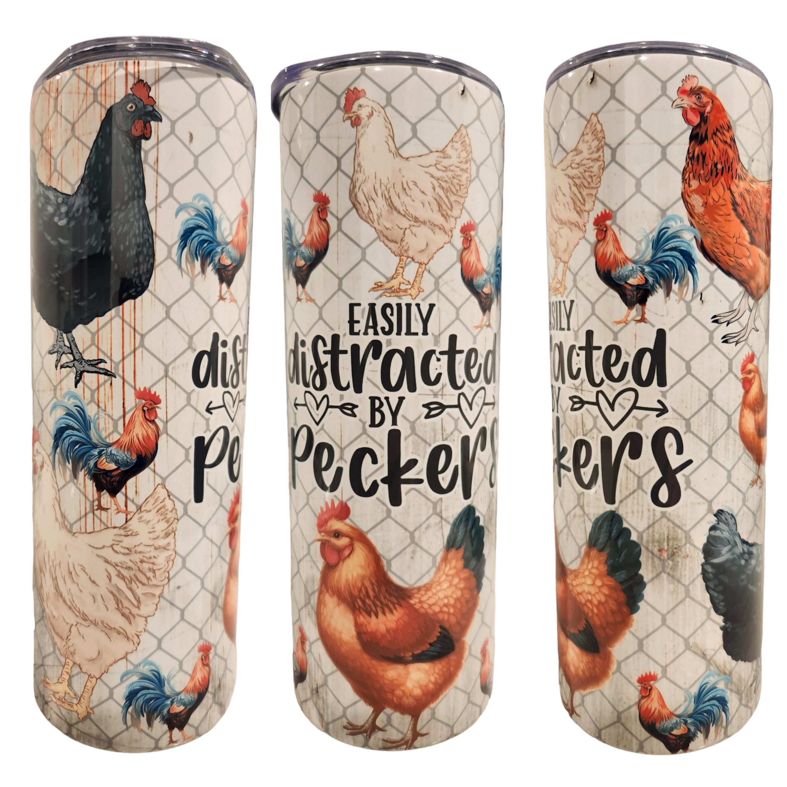 Funny Farm Country Theme Chicken Easily Distracted By Peckers 20oz Stainless Steel Skinny Tumbler - Insulated Travel Mug for Coffee, Tea & Water - Perfect for Office, Commuting & Outdoor Adventures