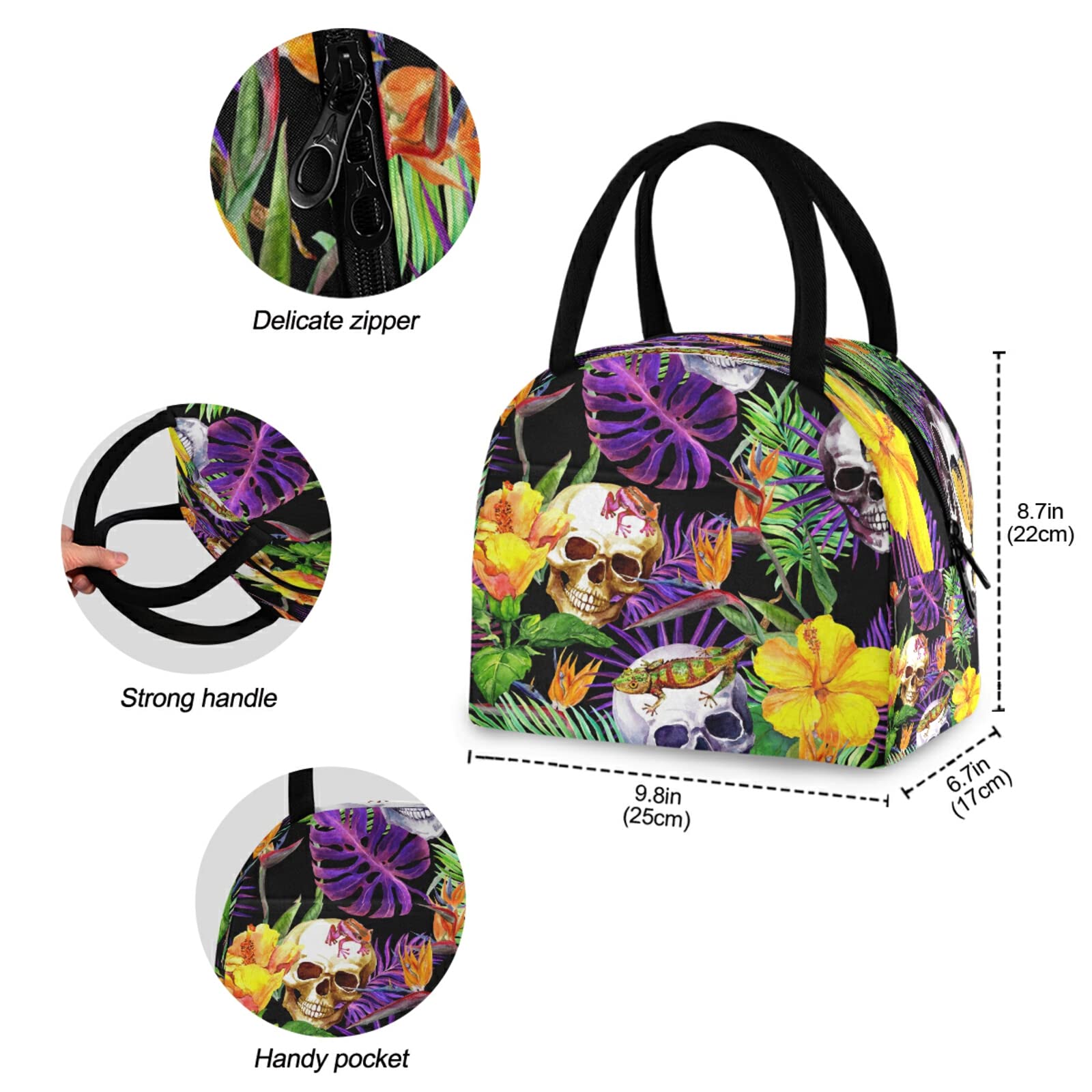 **Insulated Lunch Bag with Sugar Skull & Tropical Flower Design - Leakproof Zippered Lunch Tote for Women & Men - Large Cooler Bag with Front Pocket - Perfect for Work, School, Picnics & Travel**