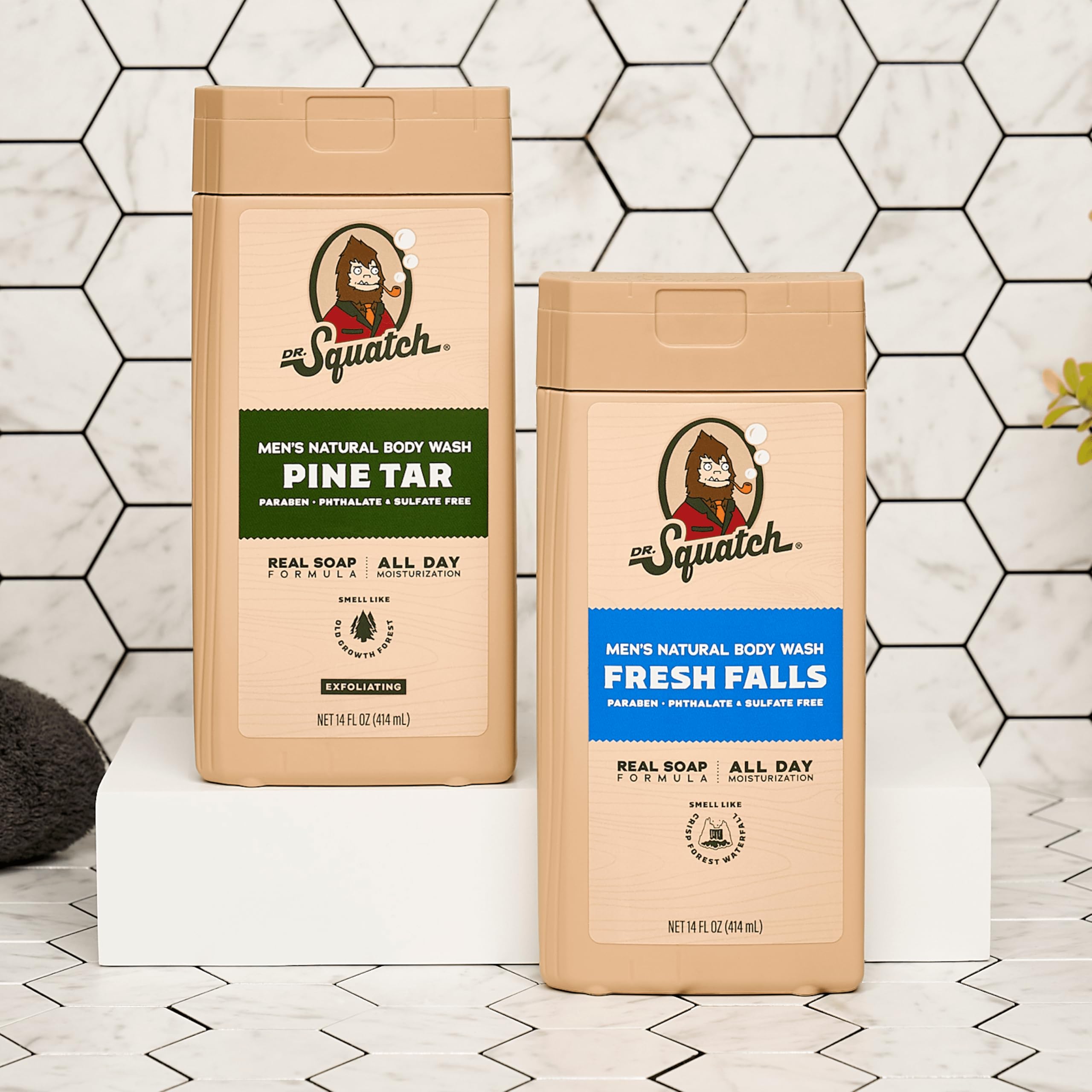 Dr. Squatch Natural Men's Body Wash - Exfoliating & Non-Exfoliating Options - Pine Tar & Fresh Falls Scent (14 oz, 2 Pack) - Refreshing Daily Shower & Post-Workout Cleanse for Men