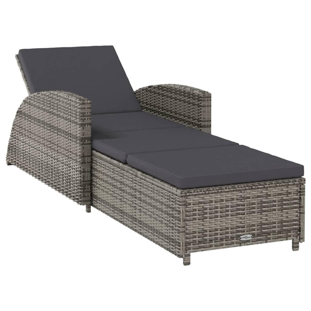 Premium Poly Rattan Sun Lounger with Dark Gray Cushion - Adjustable Backrest & Curved Armrests - Weather-Resistant Outdoor Patio Furniture for Garden, Poolside & Backyard Relaxation - Gray
