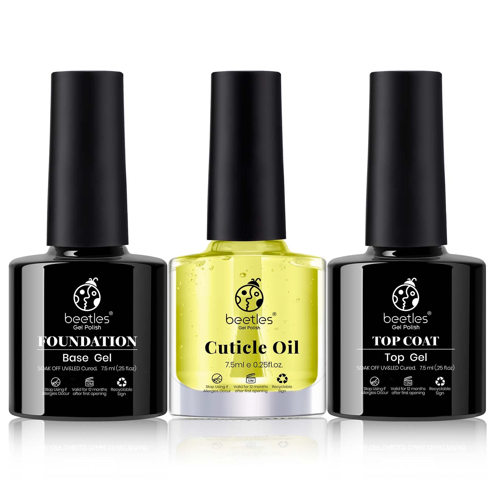Beetles 3-Piece Gel Nail Kit with 7.5ml Base Coat, No Wipe Top Coat & Cuticle Oil - Long Lasting Glossy Shine for DIY Manicures at Home (UV/LED Lamp Required) - Hydrates Dry Cuticles & Strengthens Nails - Perfect for Salon-Quality Nails & At-Home Nail Care