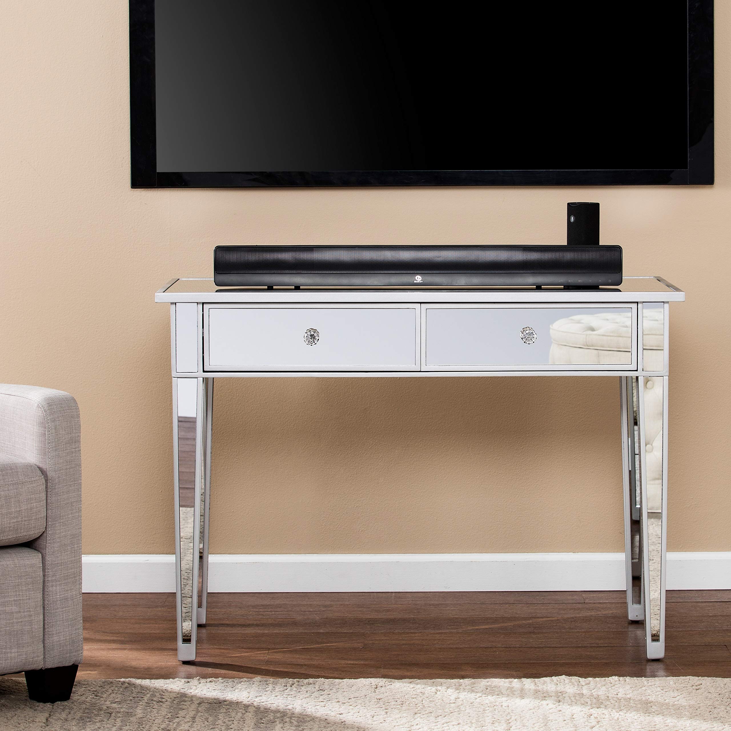 Silver Glam Mirrored Accent Table with Glass Top & MDF Matte Finish - Rectangle Design with Storage Drawers & Hardware Included - Perfect for Living Room, Bedroom or Entryway Decor