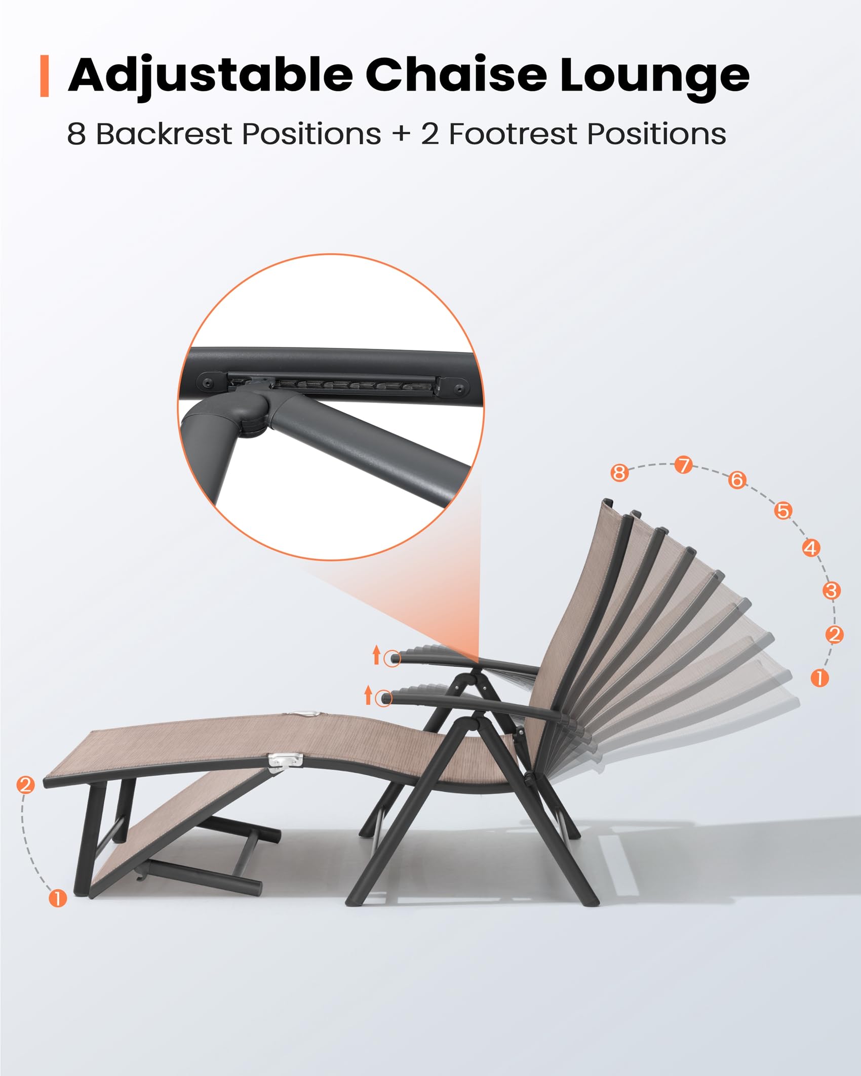 Pellebant Outdoor Chaise Lounge Set of 2 - Adjustable Aluminum Pool Lounge Chairs with Footrest | Foldable Patio Furniture for Beach, Poolside, Deck & Backyard Relaxation (2-Piece Set, Espresso Brown) - Perfect for Sunbathing, Vacation Resorts & Outdoor Lounging