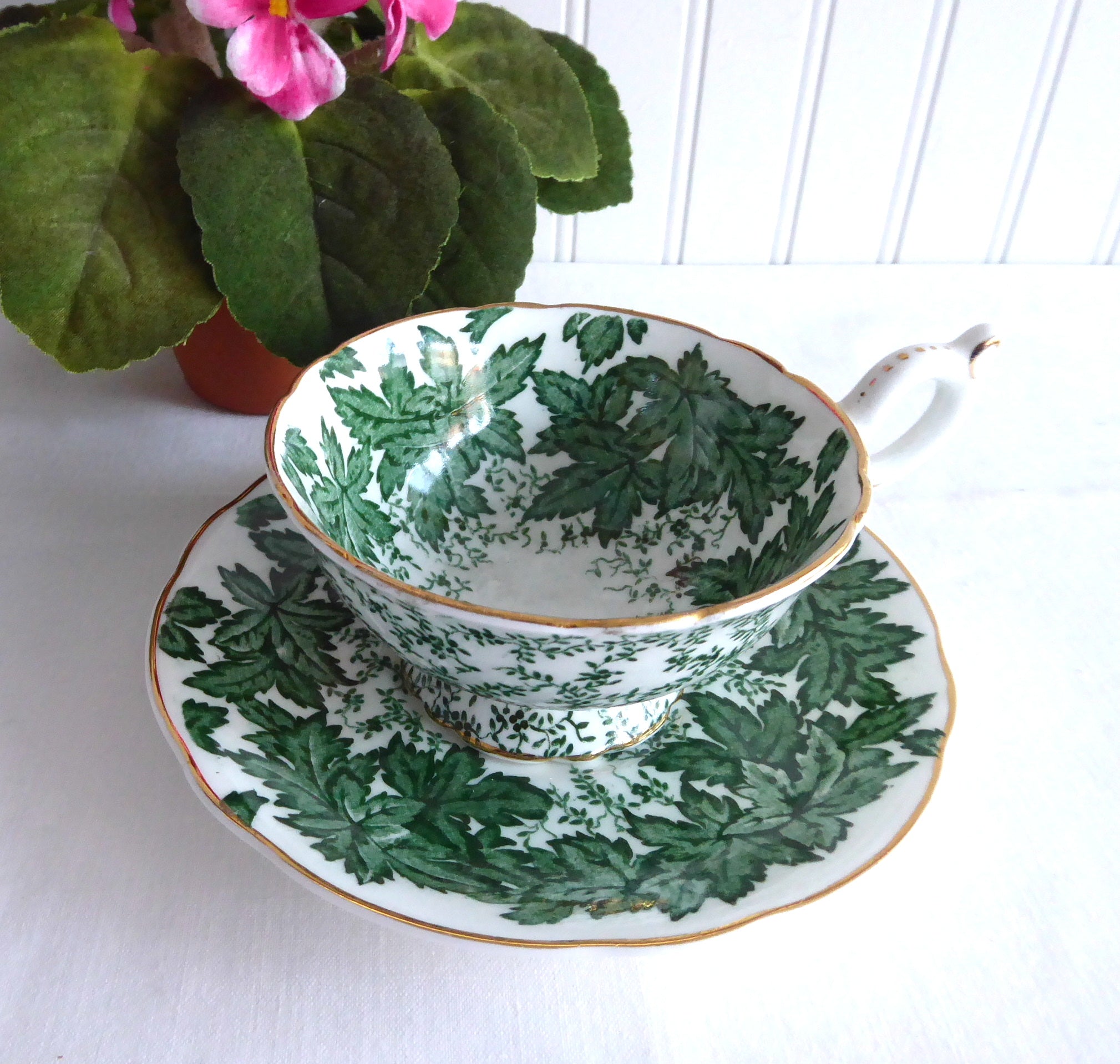 Vintage Coalport Bone China Cup and Saucer Set - Maple Time Chintz Green Leaves Pattern (1949-1960) | Elegant Tea Time Accessories for Collectors and Afternoon Tea Parties