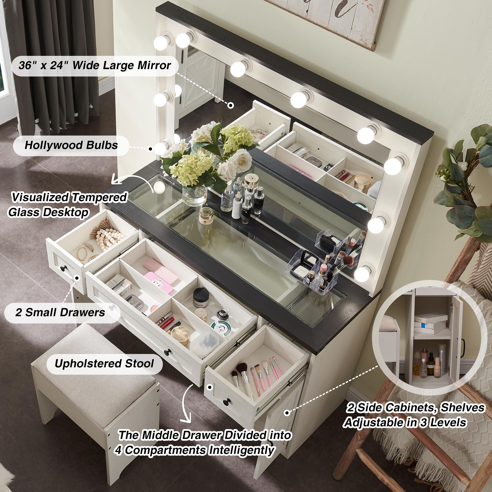 Farmhouse Vanity Desk with Hollywood Makeup Mirror - White Bedroom Vanity Set with 3 Drawers & 2 Cabinets, Detachable Light Bulbs & Stool Included - Perfect for Makeup, Dressing Room, and Bedroom Decor