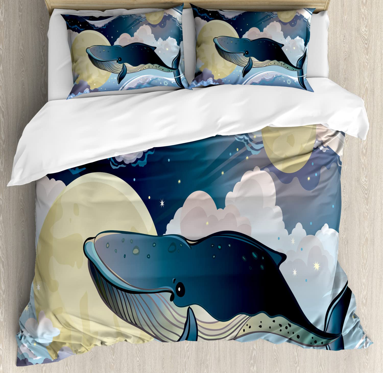 Ambesonne Cartoon Duvet Cover Set - Modern Bohemian Fish & Night Sky Design with 2 Duvet Covers & 2 Pillowcases, Queen Size 2-Pack in Night Blue & White | Perfect for Kids' Rooms, Guest Bedrooms & Bohemian Home Decor