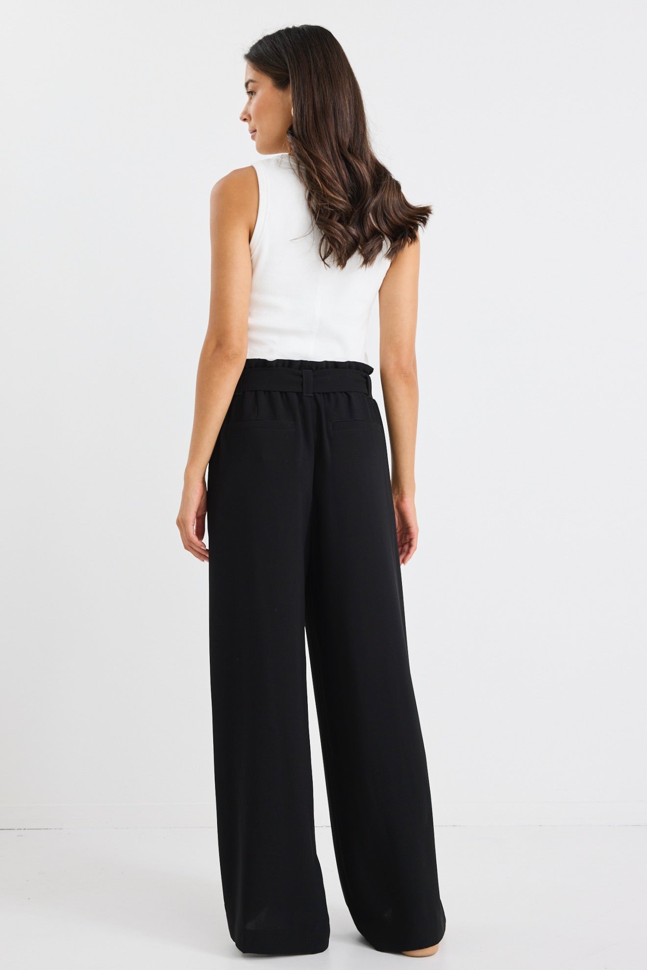Sydney Black Crepe Wide Leg Tie Belt Pants for Women - Elegant High Waisted Palazzo Trousers for Office, Party & Special Occasions